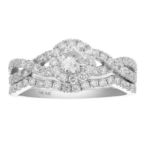1 cttw Halo Criss Cross Diamond Bridal Set in 14K White Gold
