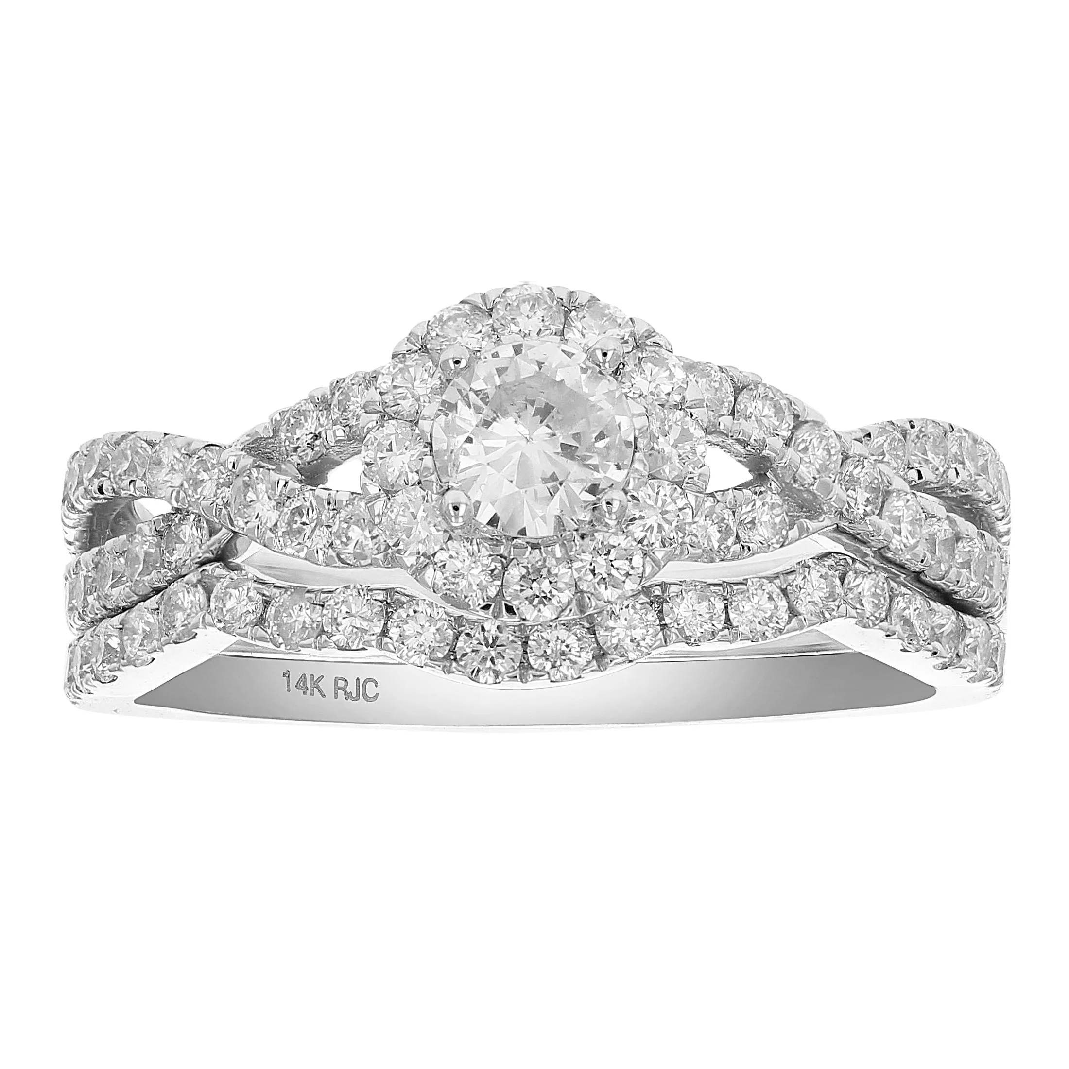 1 cttw Halo Criss Cross Diamond Bridal Set in 14K White Gold