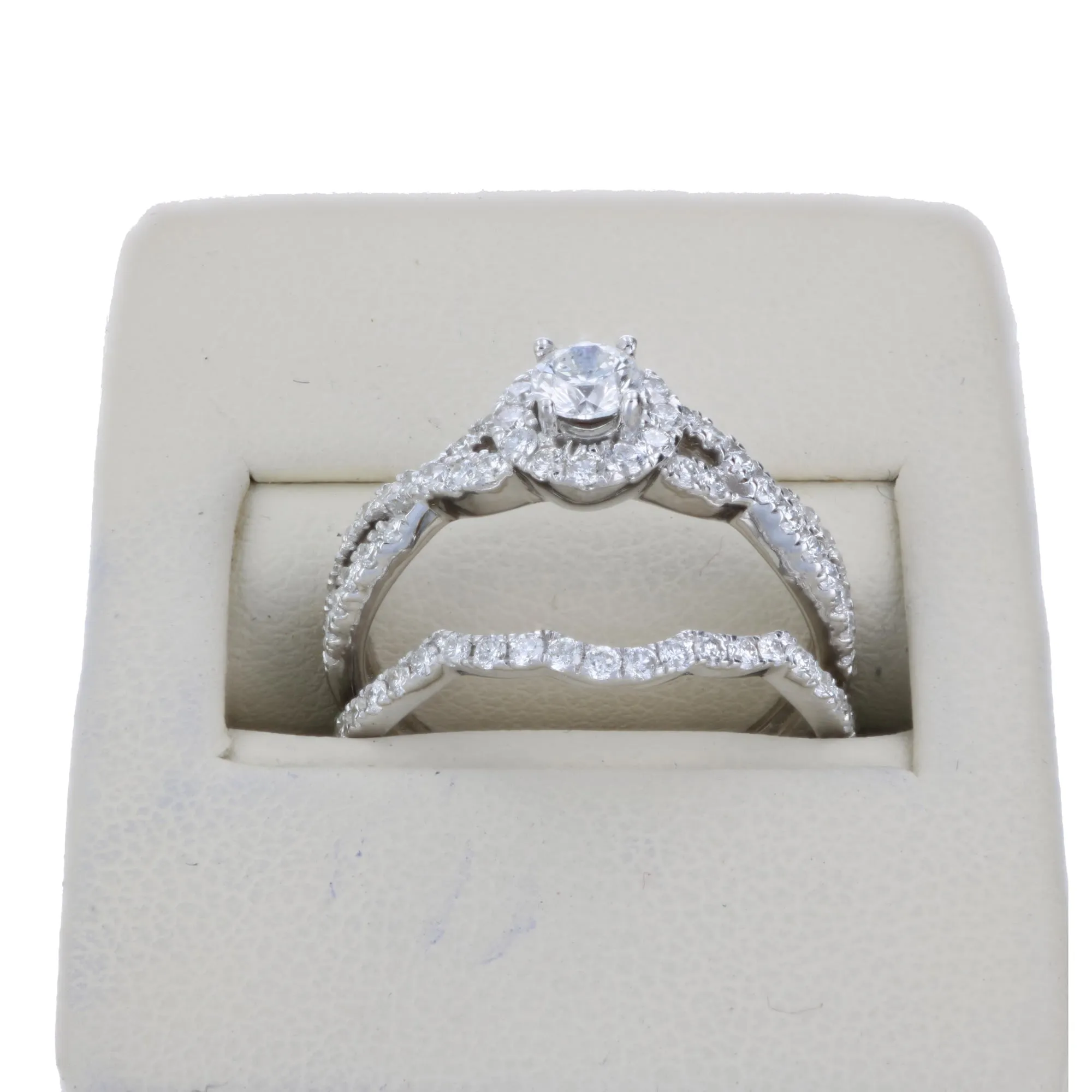 1 cttw Halo Criss Cross Diamond Bridal Set in 14K White Gold