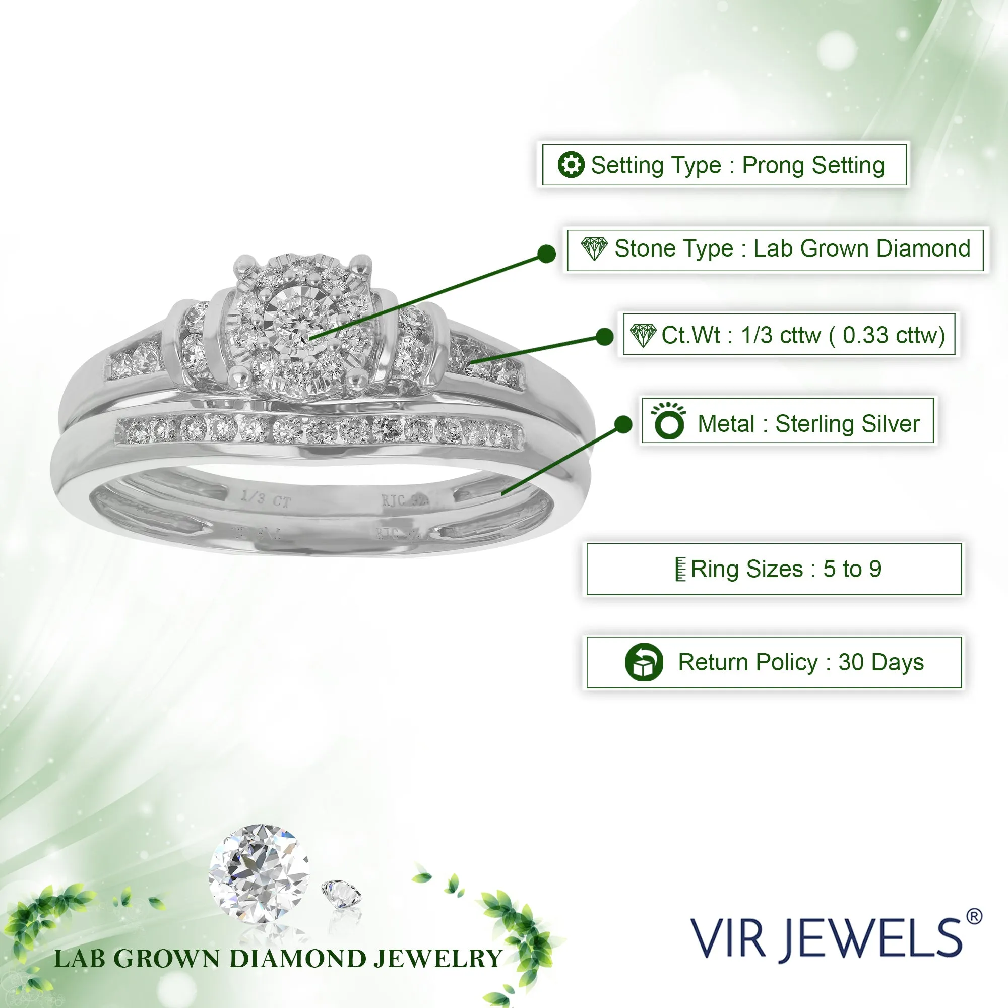 1/3 cttw Lab Grown Diamond Cluster Bridal Set in Sterling Silver