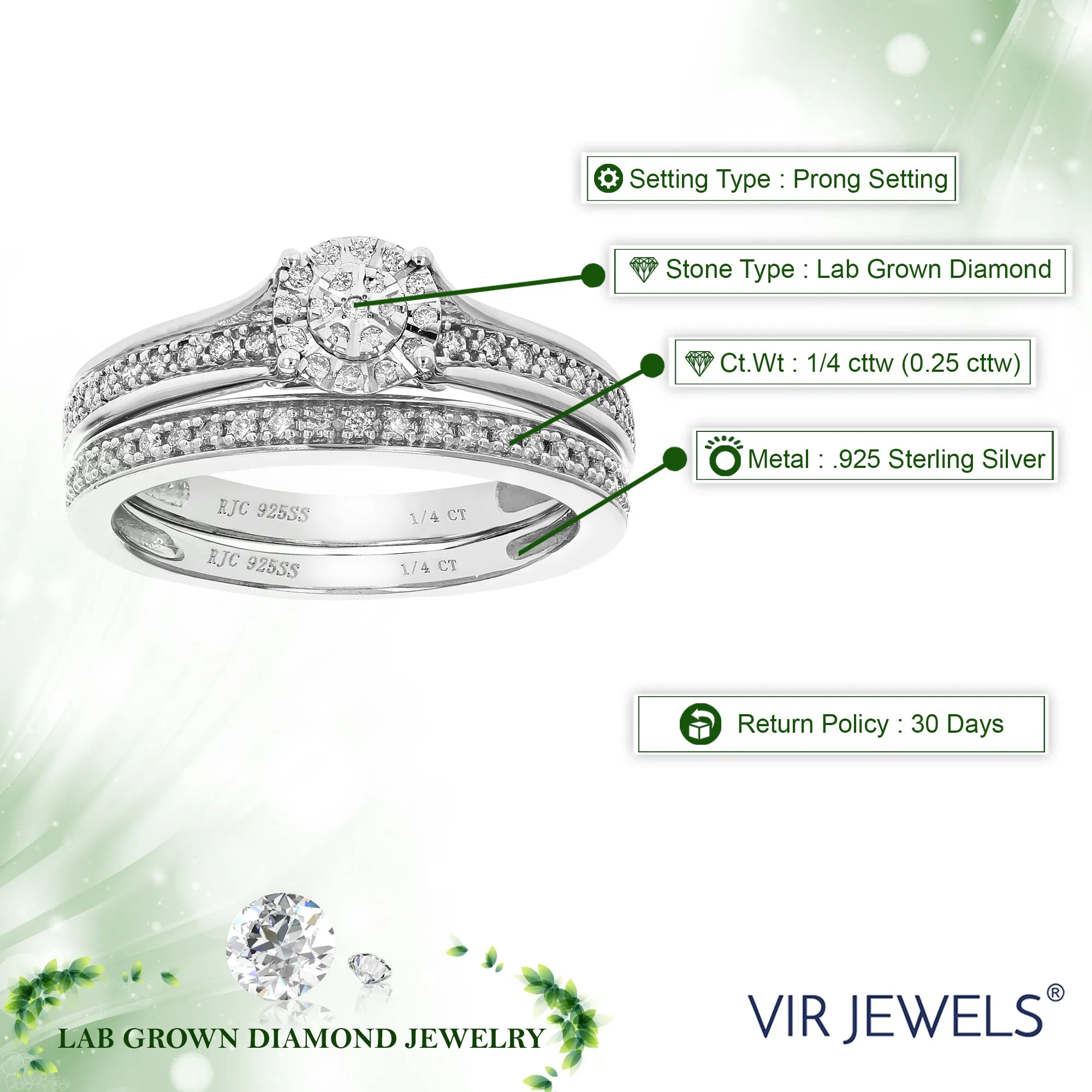 1/4 cttw Lab Grown Diamond Round Bridal Ring Set Sterling Silver