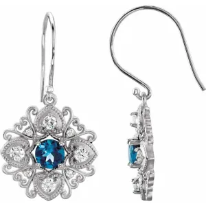 14K White London Blue Topaz & 1/2 CTW Diamond Vintage-Inspired Filigree Earrings