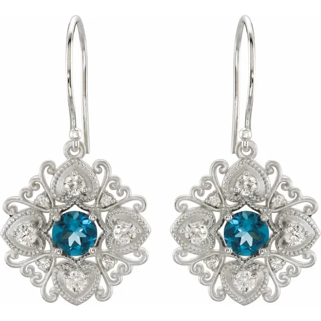14K White London Blue Topaz & 1/2 CTW Diamond Vintage-Inspired Filigree Earrings