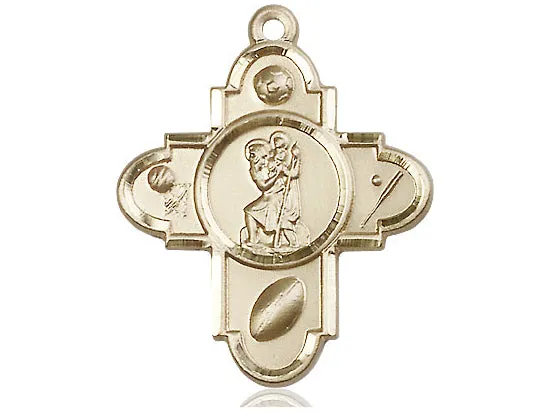 14kt Gold Filled Sports 5-Way St Christopher Pendant on a 24 inch Gold Plate Heavy Curb Chain