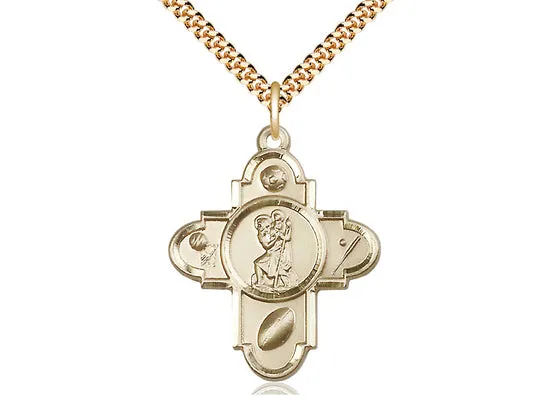 14kt Gold Filled Sports 5-Way St Christopher Pendant on a 24 inch Gold Plate Heavy Curb Chain