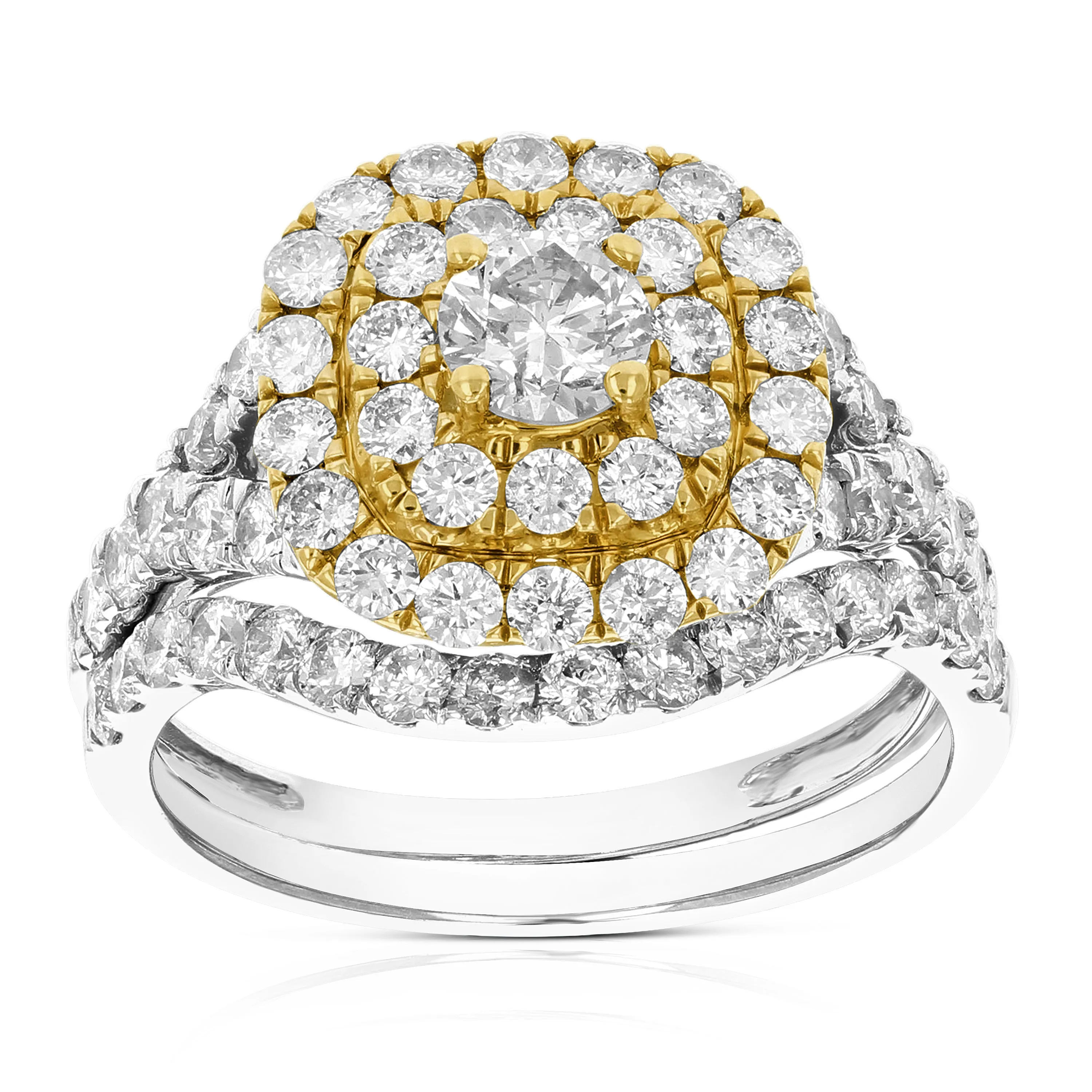 1.87 cttw Cushion Diamond Split Shank Bridal Set in 14K Two Tone Gold