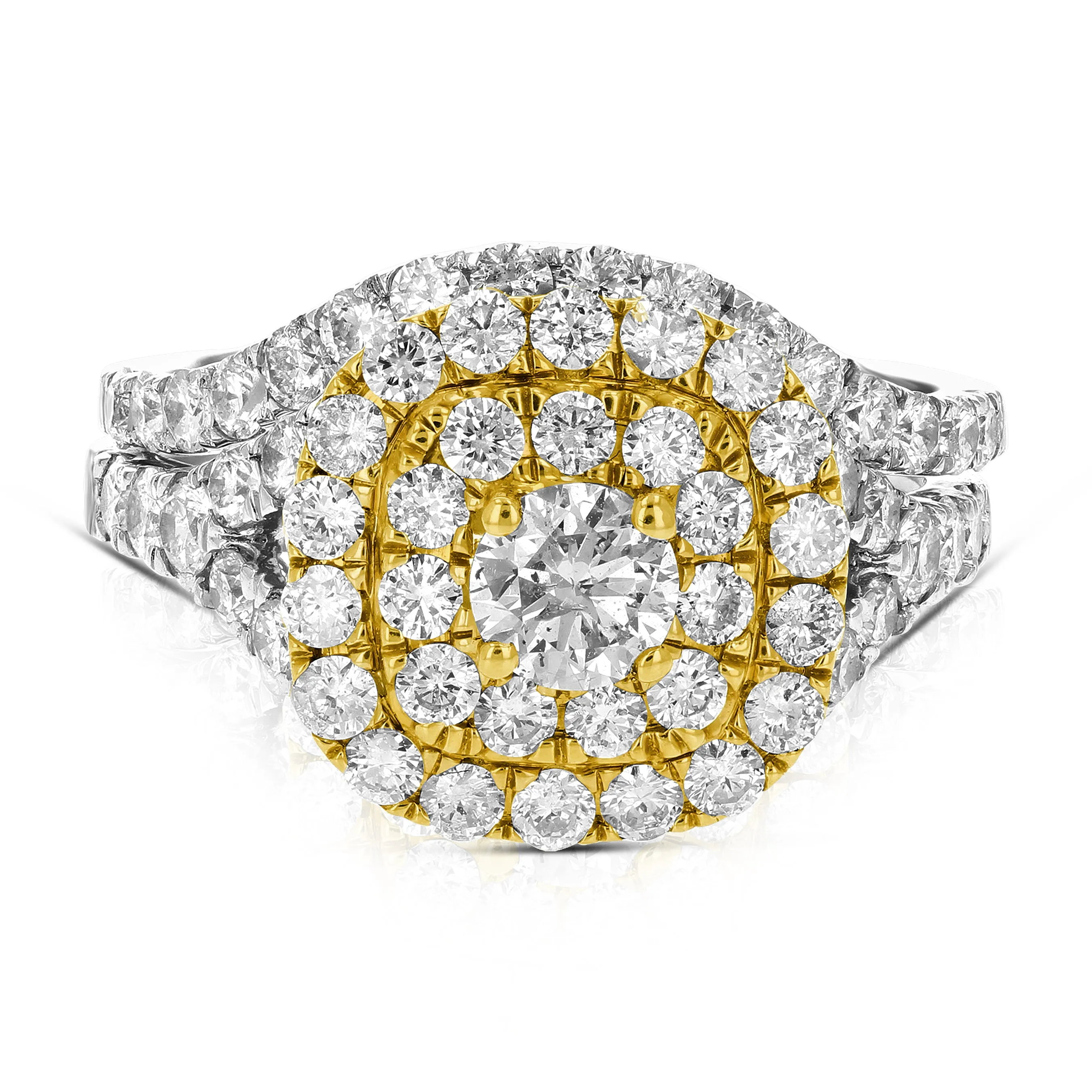 1.87 cttw Cushion Diamond Split Shank Bridal Set in 14K Two Tone Gold