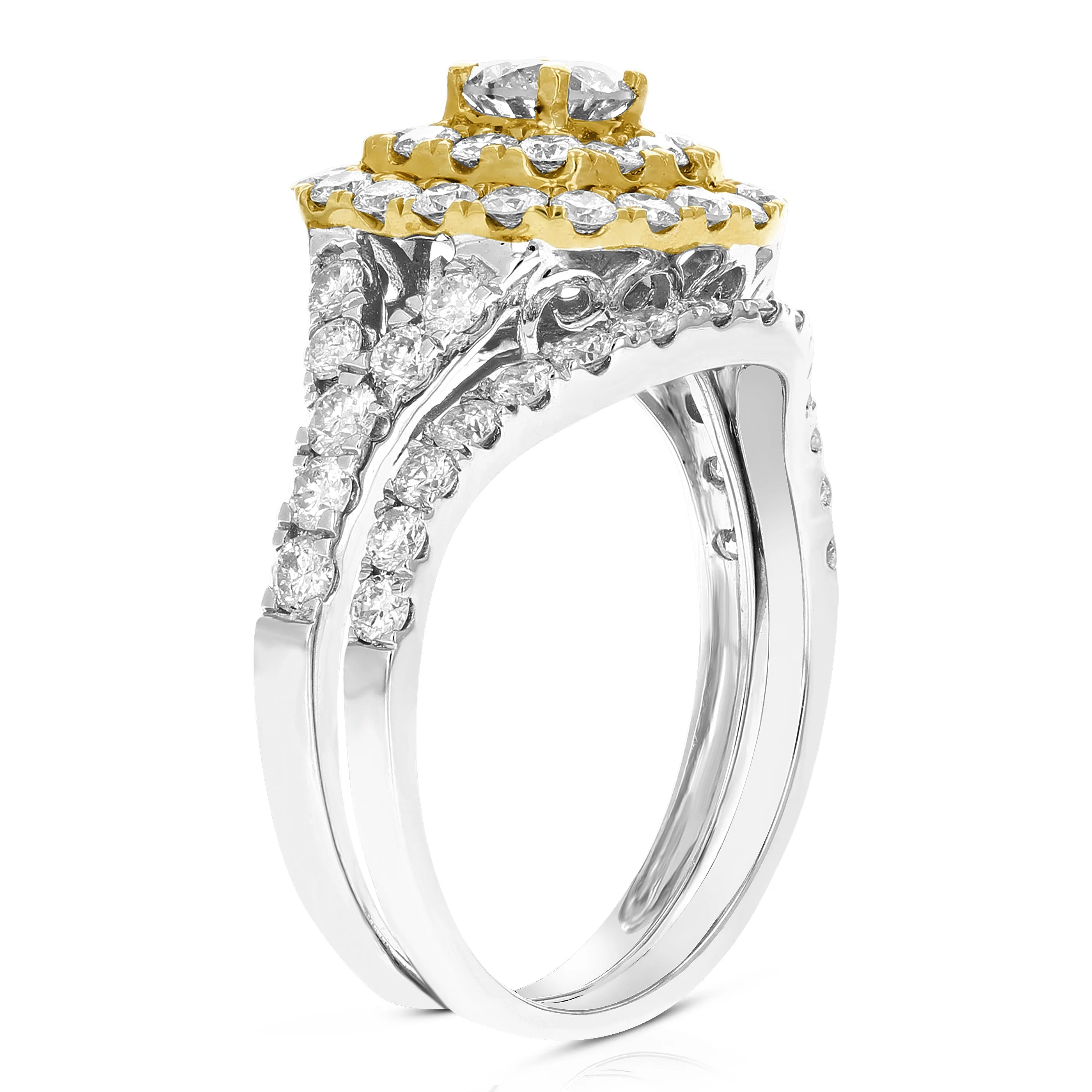 1.87 cttw Cushion Diamond Split Shank Bridal Set in 14K Two Tone Gold