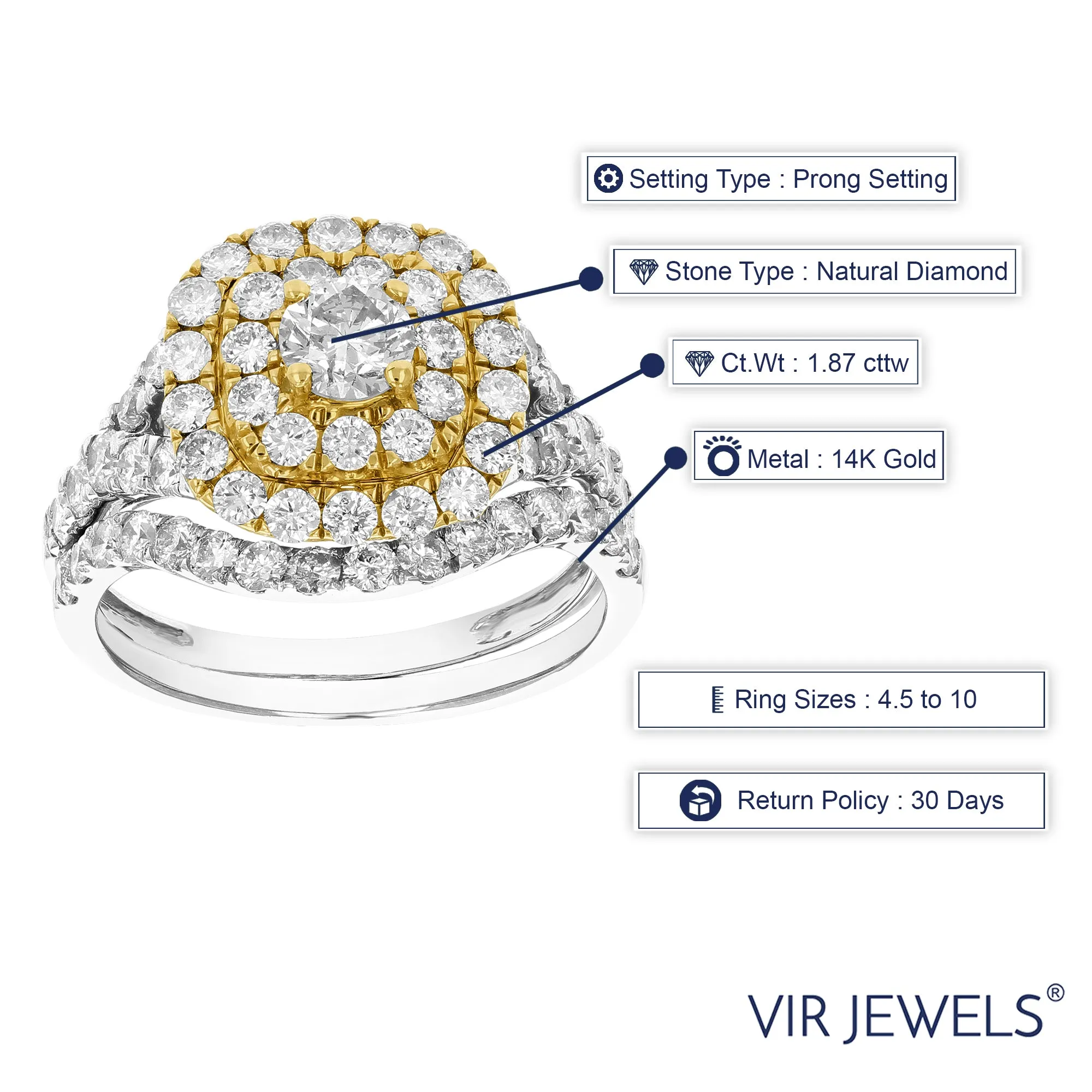 1.87 cttw Cushion Diamond Split Shank Bridal Set in 14K Two Tone Gold