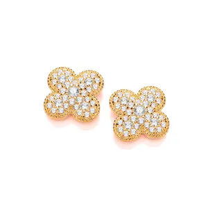 18ct Yellow Gold Plated Sterling Silver & Cubic Zirconia Clover Leaf Stud Earrings