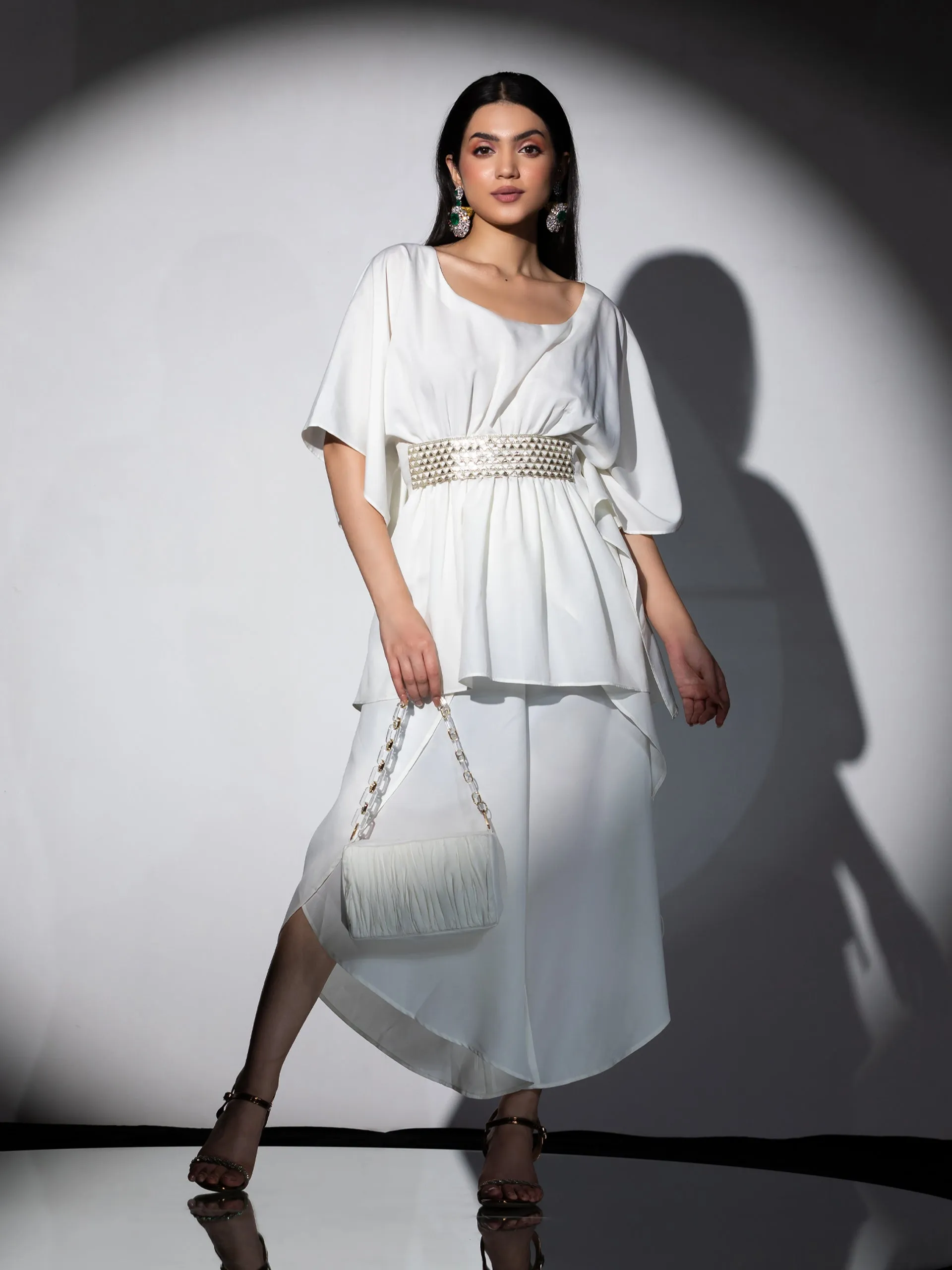 2 Piece Set | Bree Cream Crepe Co-ordinate with Gold Triangles Lace with Overlap Dhoti