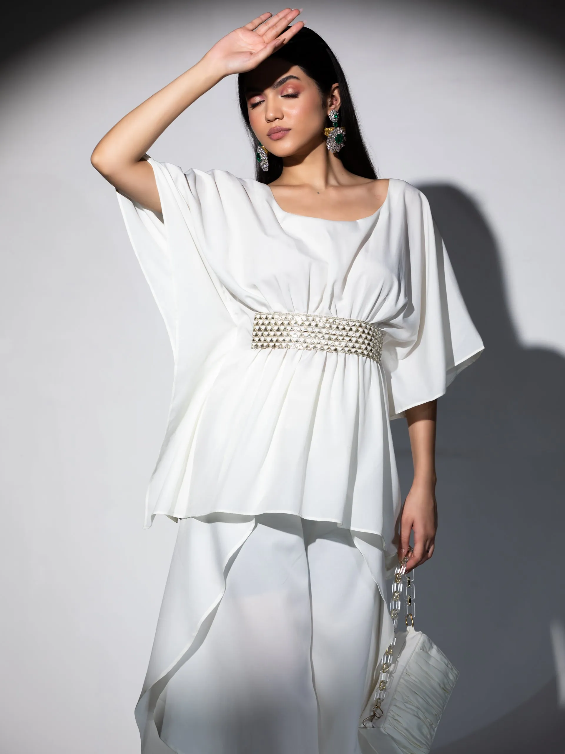2 Piece Set | Bree Cream Crepe Co-ordinate with Gold Triangles Lace with Overlap Dhoti