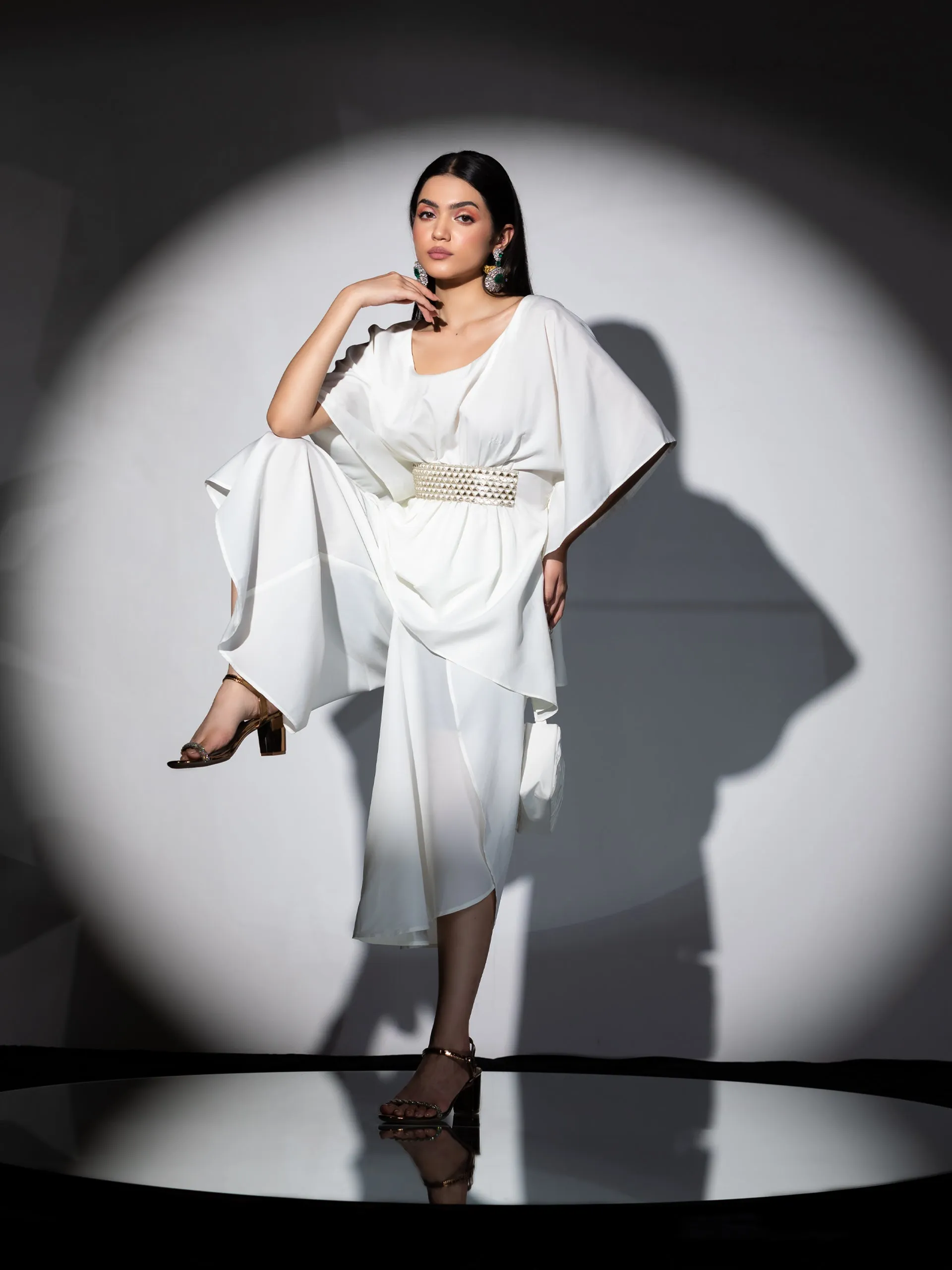 2 Piece Set | Bree Cream Crepe Co-ordinate with Gold Triangles Lace with Overlap Dhoti