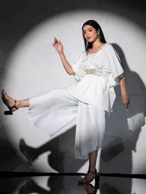 2 Piece Set | Bree Cream Crepe Co-ordinate with Gold Triangles Lace with Overlap Dhoti