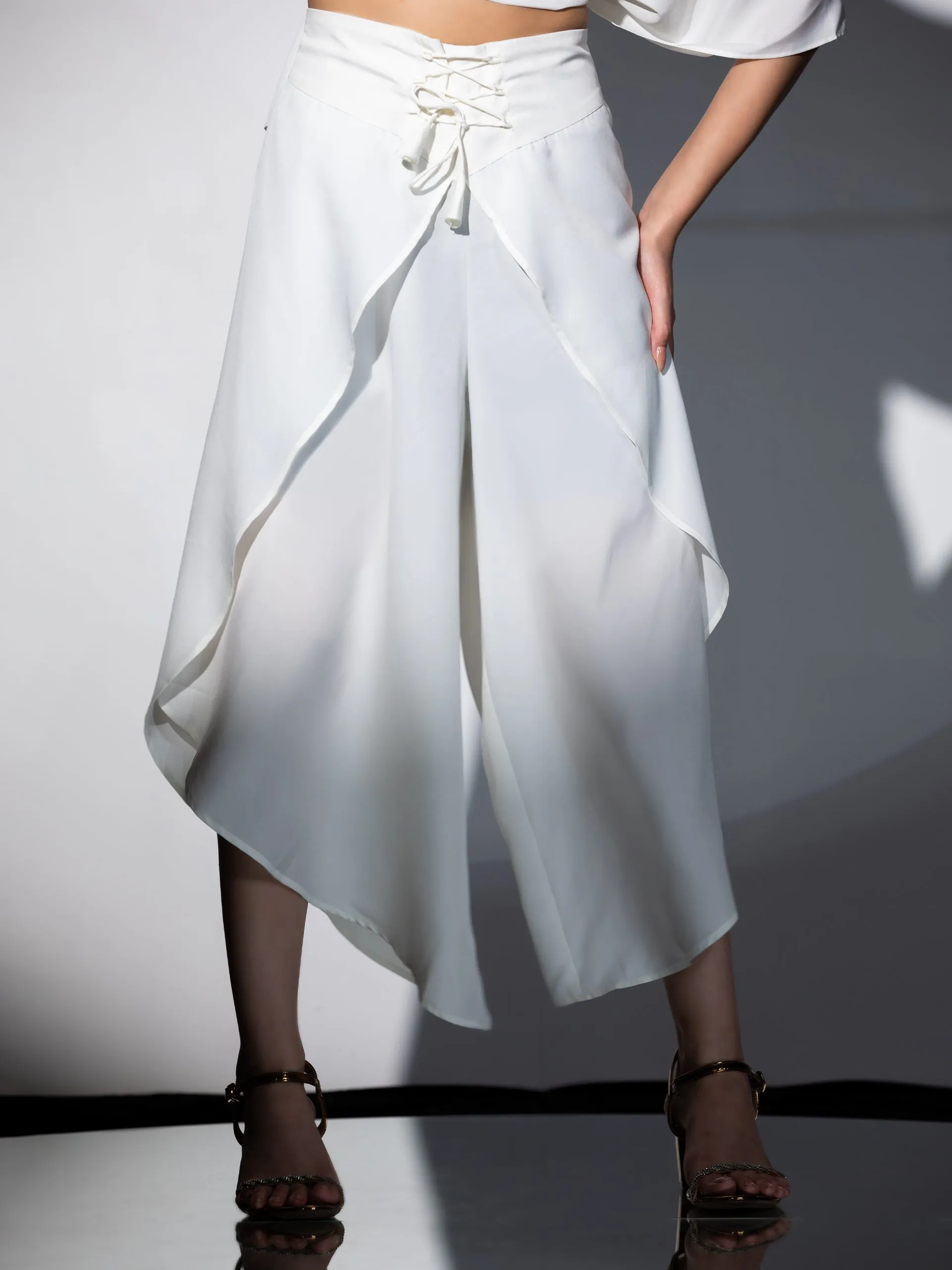 2 Piece Set | Bree Cream Crepe Co-ordinate with Gold Triangles Lace with Overlap Dhoti