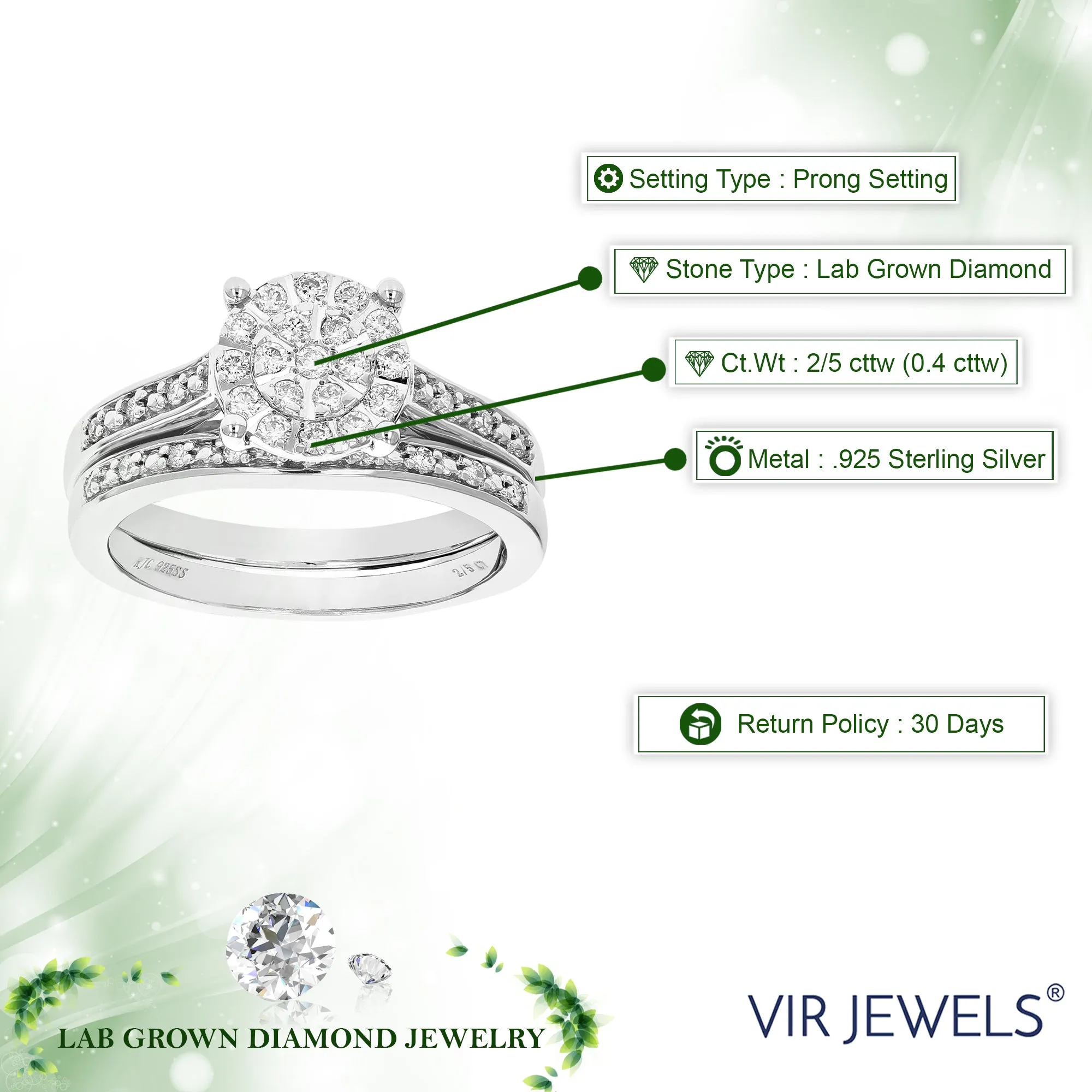 2/5 cttw Lab Grown Diamond Halo Bridal Ring Set Sterling Silver
