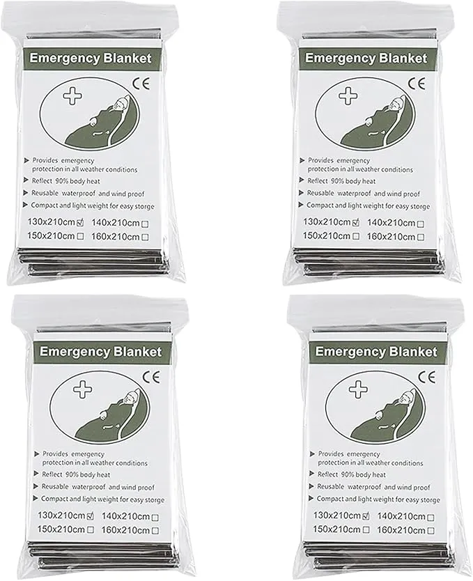 4Pack Outdoor Aluminum Foil Warming Blanket for Wilderness Survival, Camping, Easy Tenting - Rain and Sun Protection - Reflective Warming First Aid Aluminum Foil Blanket (Silver)