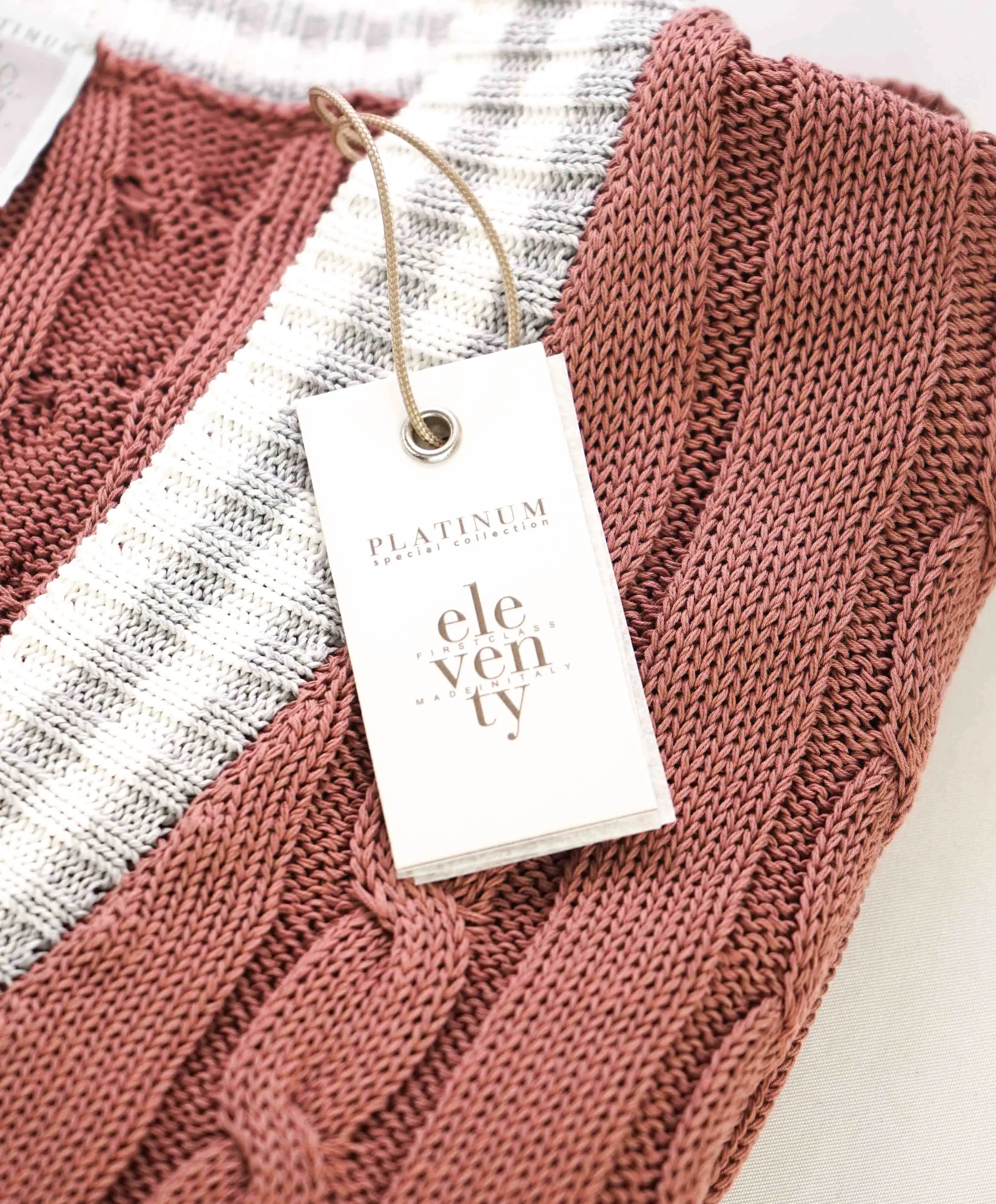 $795 ELEVENTY - Pastel Pink Cotton Cable Knit Tipped Cardigan Sweater- XXL