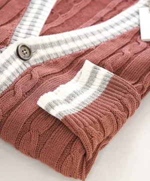 $795 ELEVENTY - Pastel Pink Cotton Cable Knit Tipped Cardigan Sweater- XXL