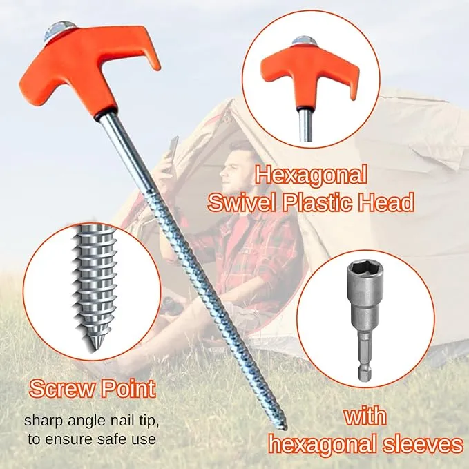 8" Screw in Tent Stakes - Ground Anchors Screw in, Screw in Tent Stakes Heavy Duty, Tent Pegs Camping Stakes, Metal Threaded Tent Spikes, Screw Tent Stakes with Hex Sleeves (12Pcs Box Green)
