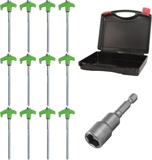 8" Screw in Tent Stakes - Ground Anchors Screw in, Screw in Tent Stakes Heavy Duty, Tent Pegs Camping Stakes, Metal Threaded Tent Spikes, Screw Tent Stakes with Hex Sleeves (12Pcs Box Green)