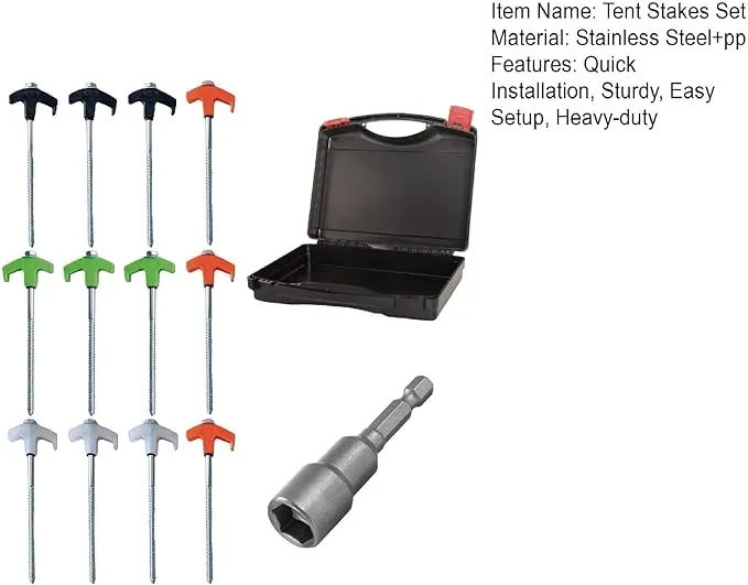 8" Screw in Tent Stakes - Ground Anchors Screw in, Screw in Tent Stakes Heavy Duty, Tent Pegs Camping Stakes, Metal Threaded Tent Spikes, Screw Tent Stakes with Hex Sleeves (12Pcs Box Green)