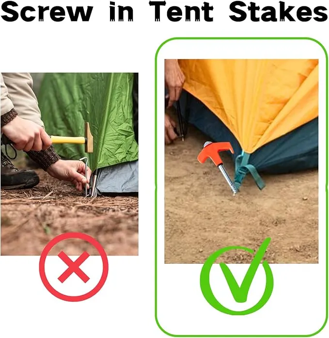8" Screw in Tent Stakes - Ground Anchors Screw in, Screw in Tent Stakes Heavy Duty, Tent Pegs Camping Stakes, Metal Threaded Tent Spikes, Screw Tent Stakes with Hex Sleeves (8Pcs Orange)