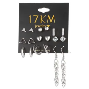 9 pcs/Set Crystal Heart Gold Color Stud Earrings Tassel Triangle Vintage Silver Color Earring Set For Women Jewelry Oorbellen