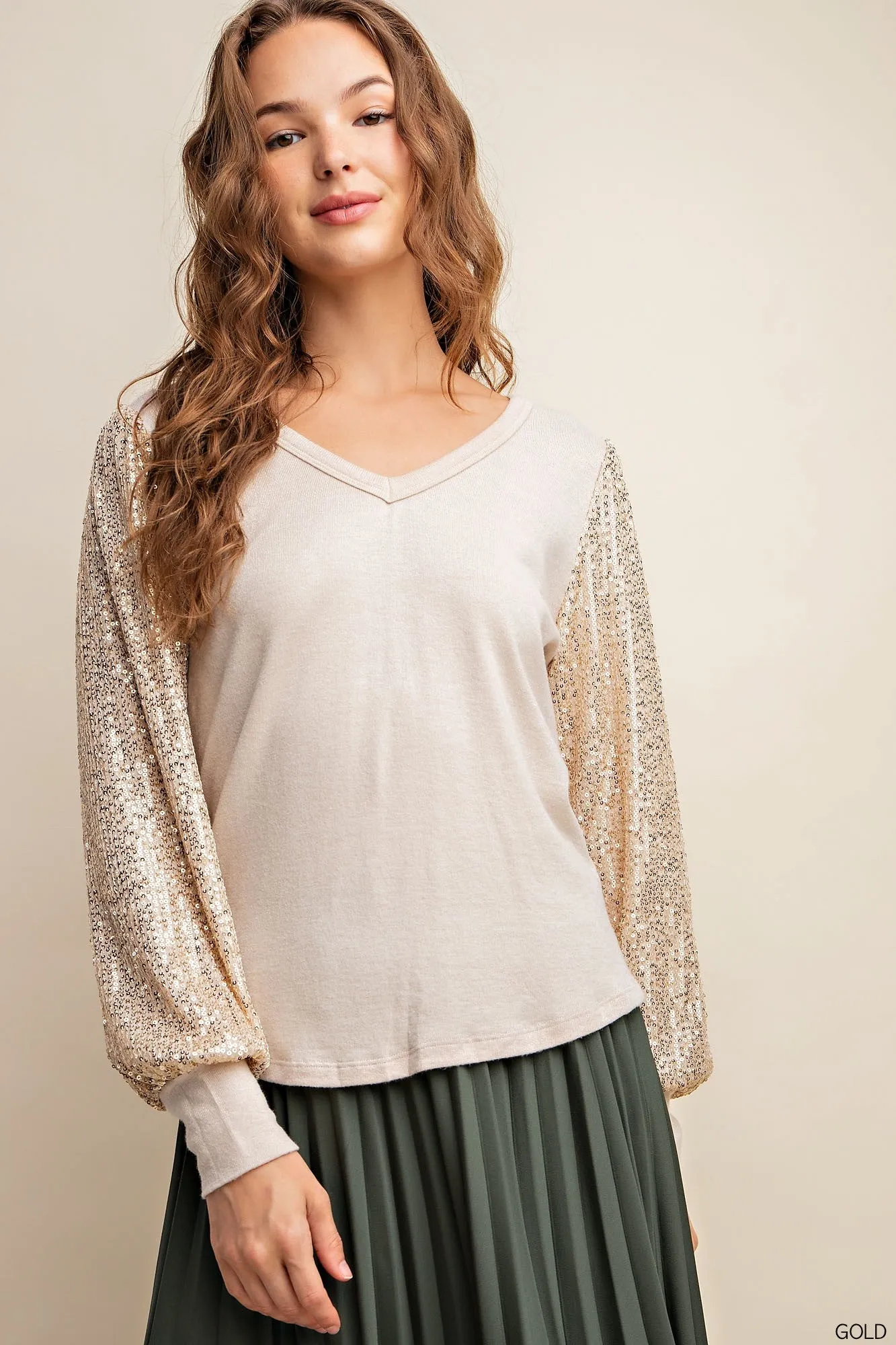 Abby Soft Knit Fabric Top with Sequin Sleeves