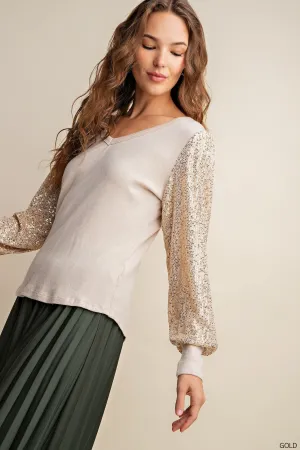 Abby Soft Knit Fabric Top with Sequin Sleeves