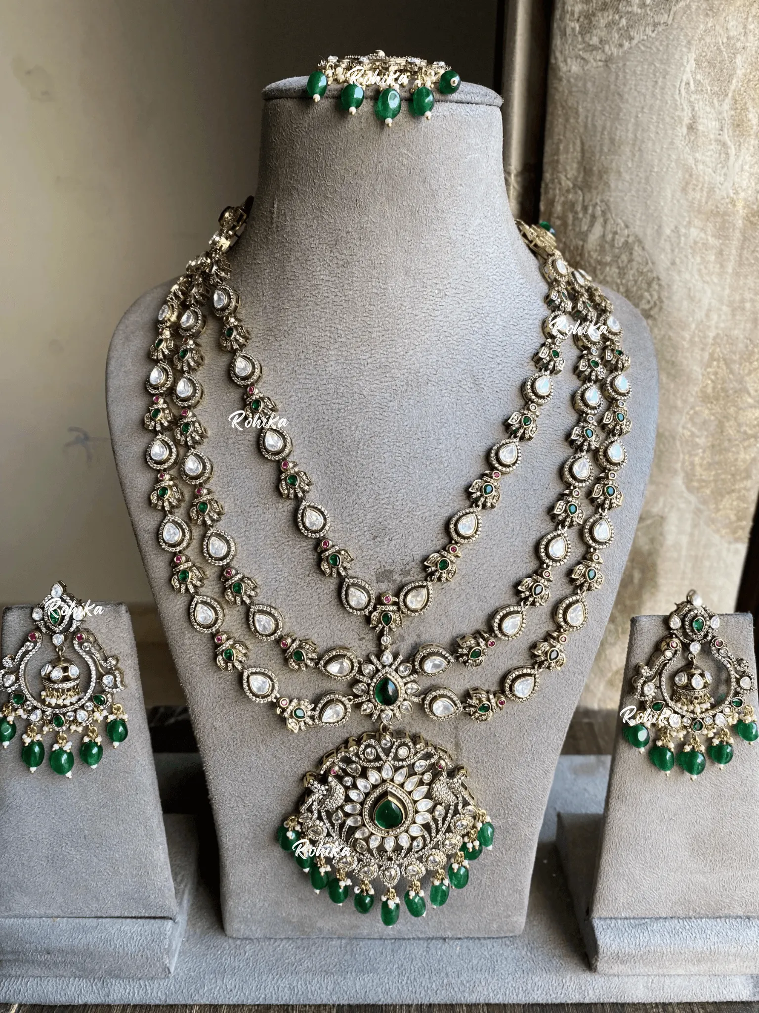 Anksh moisanite necklace set -  Dark Green