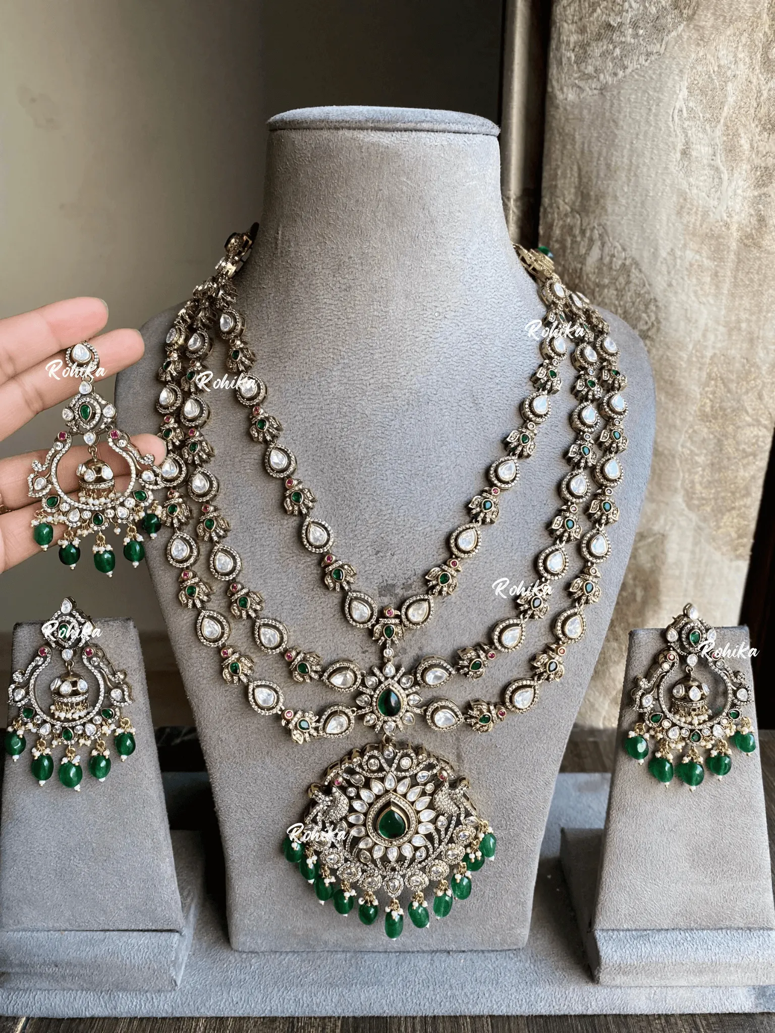 Anksh moisanite necklace set -  Dark Green