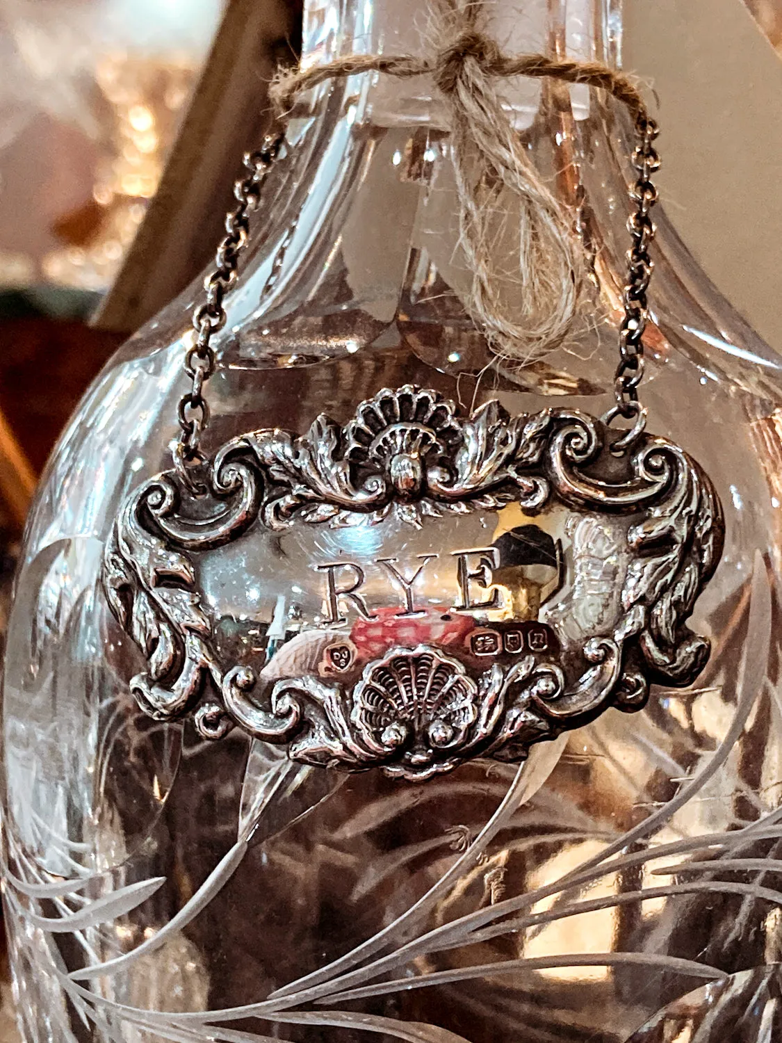 Antique Style English Repoussé Sterling Silver Rye Bottle Necklace Bar Tag