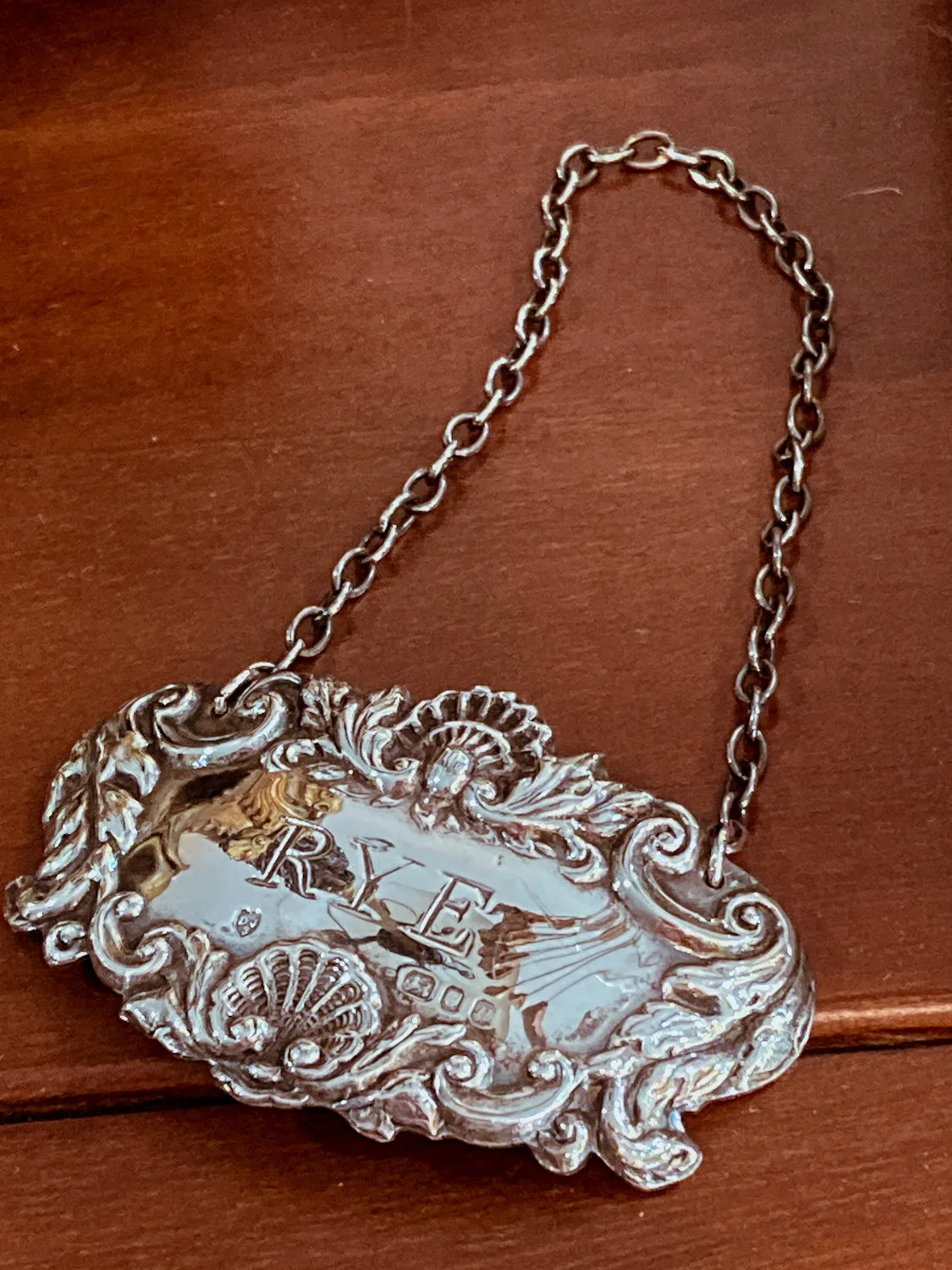 Antique Style English Repoussé Sterling Silver Rye Bottle Necklace Bar Tag