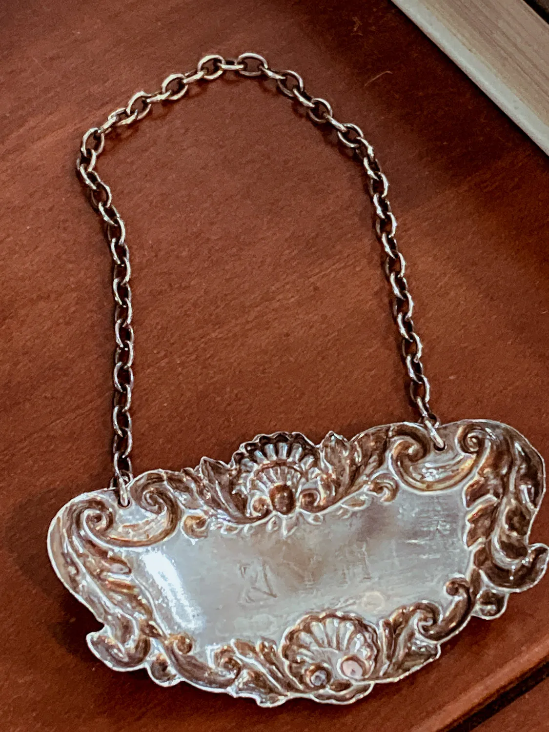 Antique Style English Repoussé Sterling Silver Rye Bottle Necklace Bar Tag