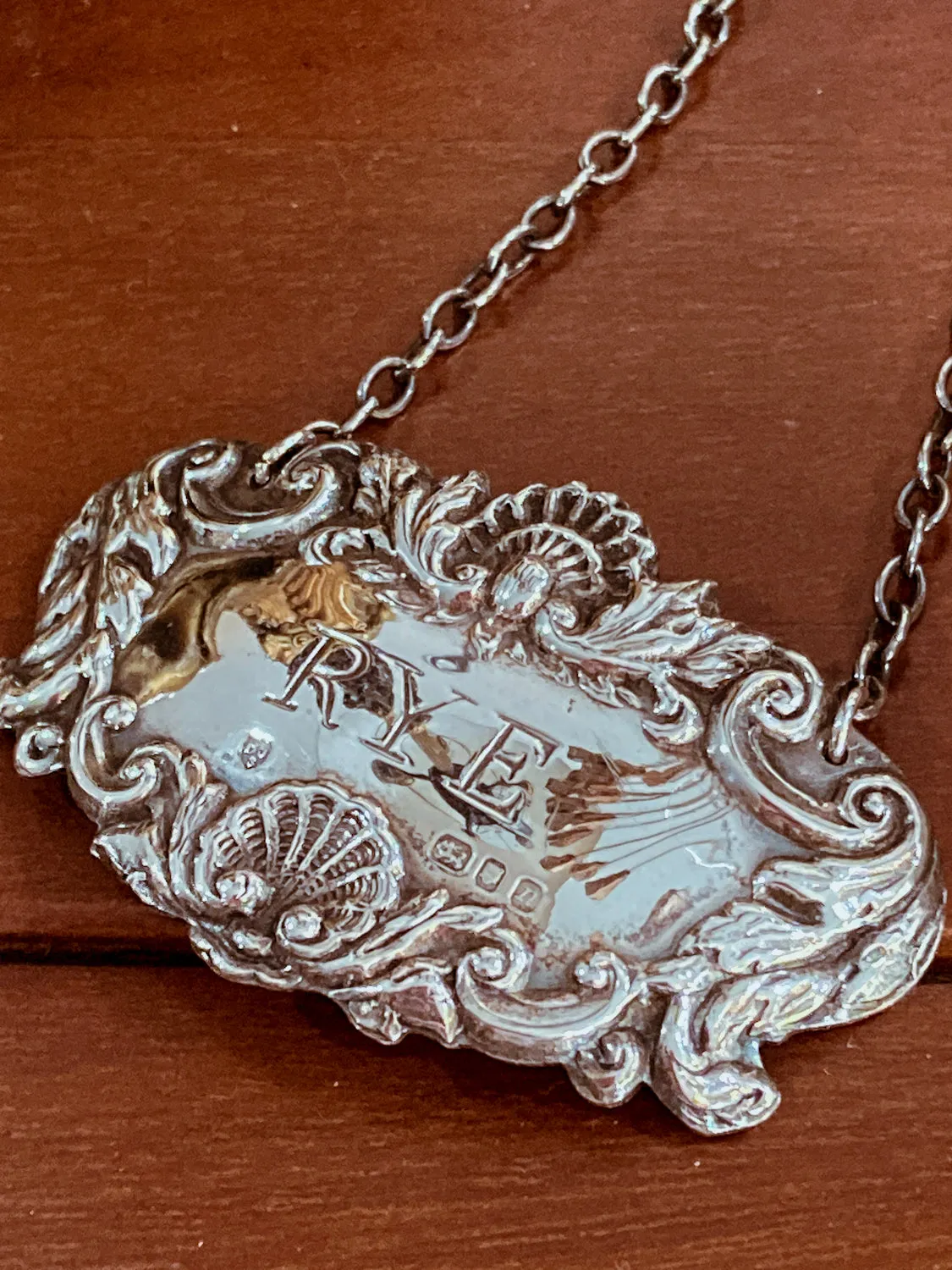 Antique Style English Repoussé Sterling Silver Rye Bottle Necklace Bar Tag