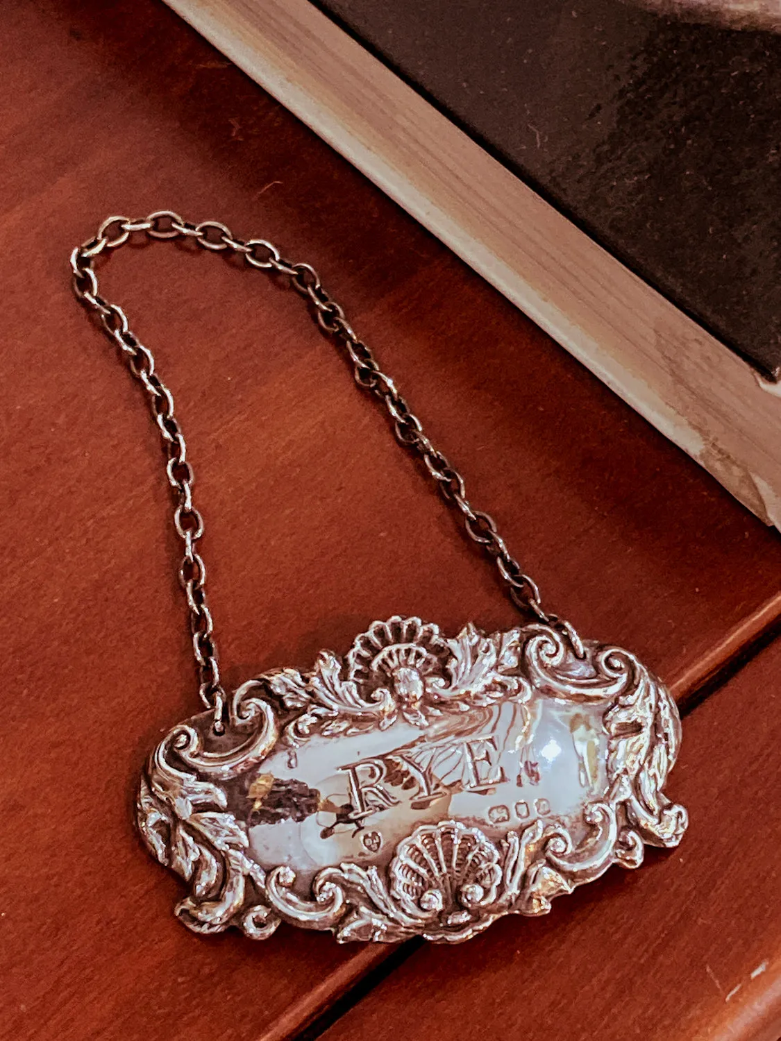 Antique Style English Repoussé Sterling Silver Rye Bottle Necklace Bar Tag