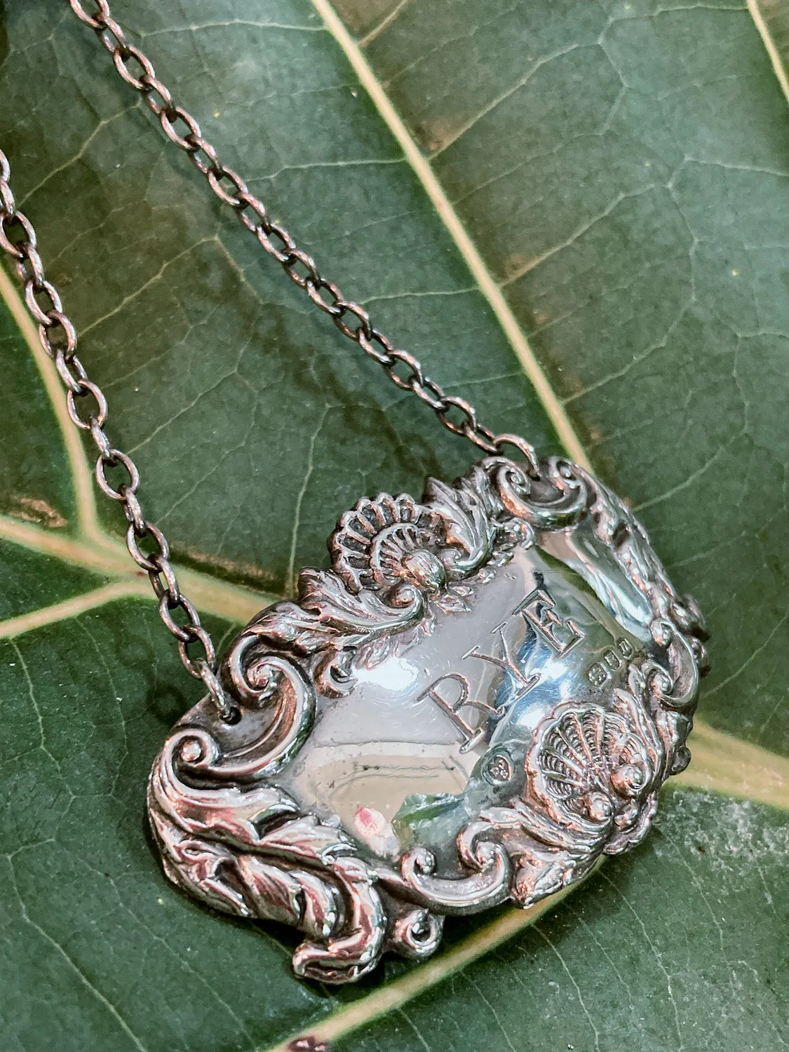 Antique Style English Repoussé Sterling Silver Rye Bottle Necklace Bar Tag