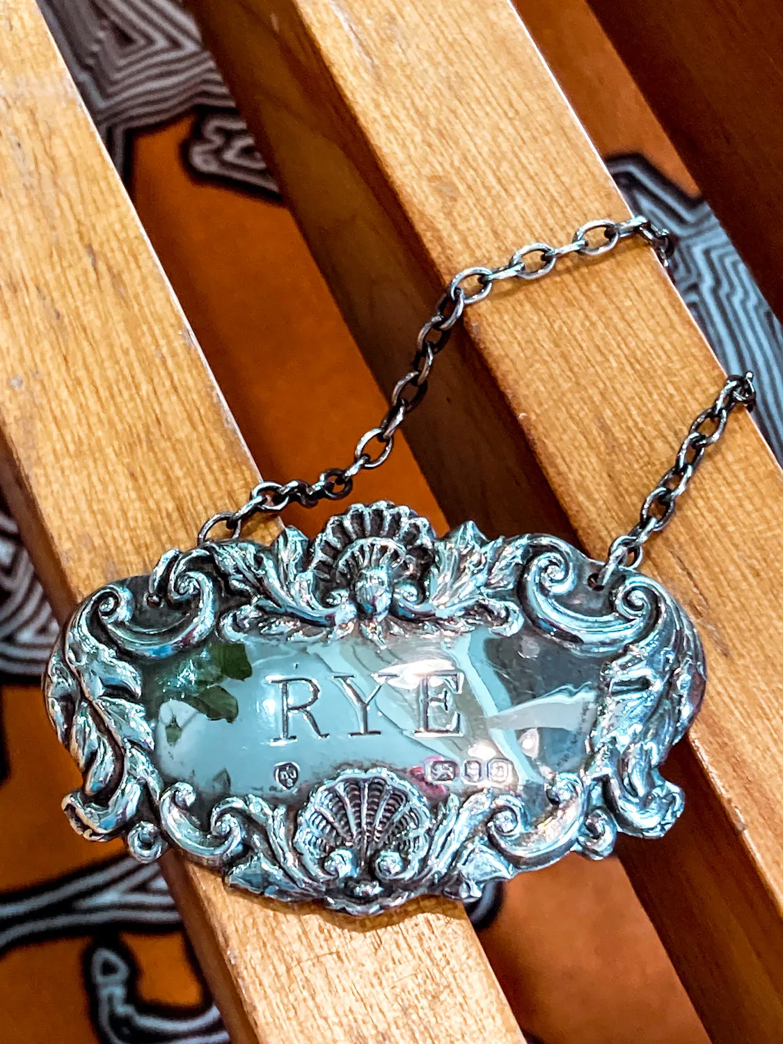 Antique Style English Repoussé Sterling Silver Rye Bottle Necklace Bar Tag