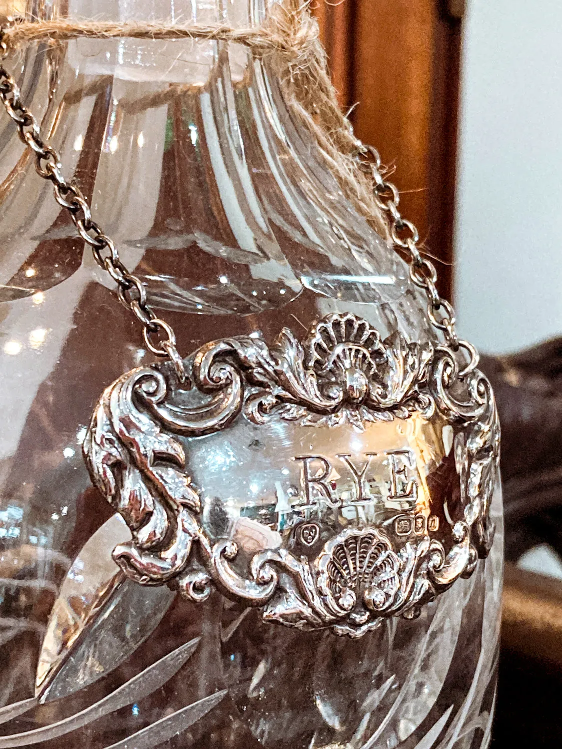 Antique Style English Repoussé Sterling Silver Rye Bottle Necklace Bar Tag