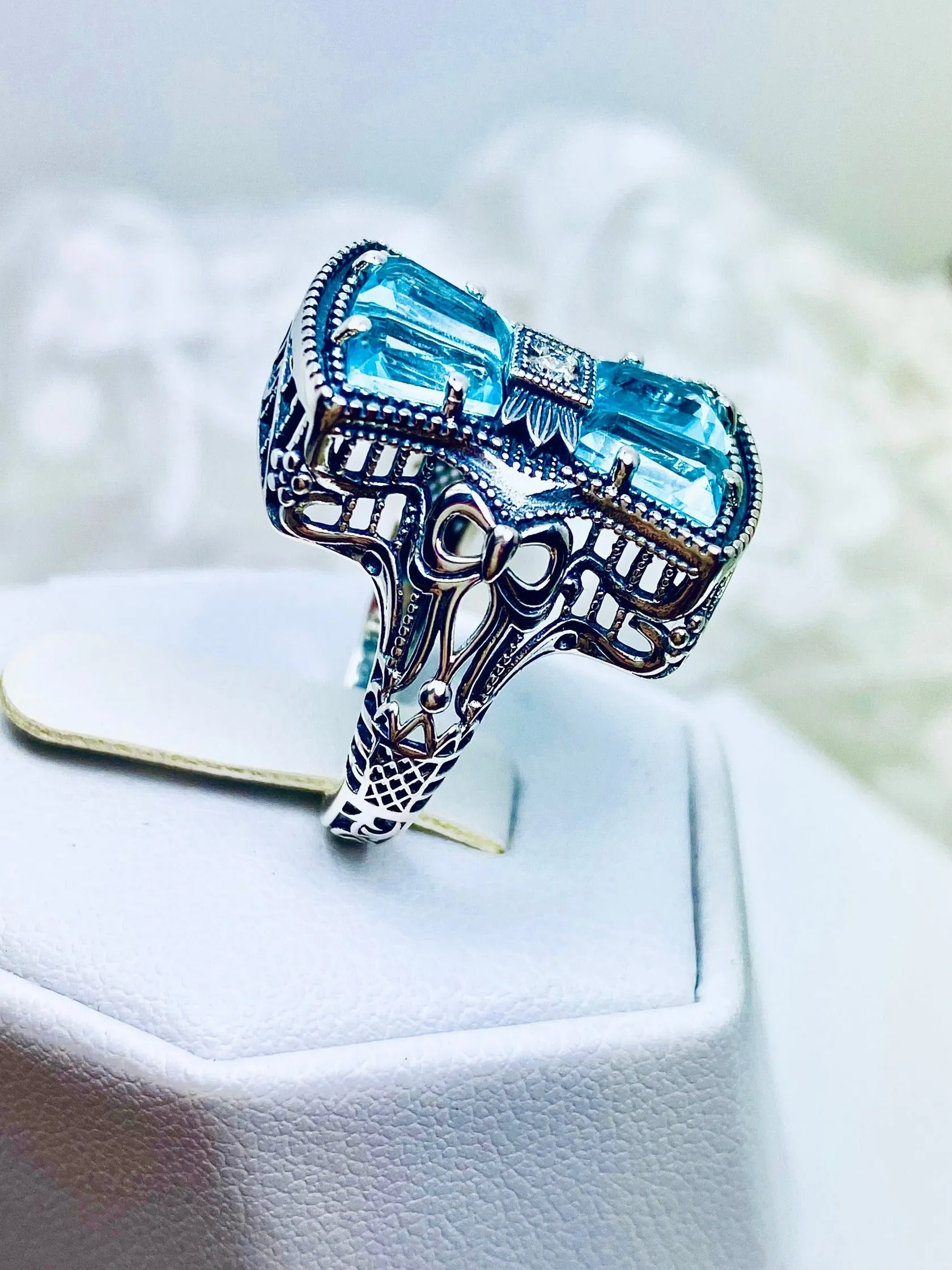 Aquamarine Ring, Size 7, Versailles Sterling Silver Bow & Baguette CZ Ring, Baroque Jewelry D595 - Ready to ship