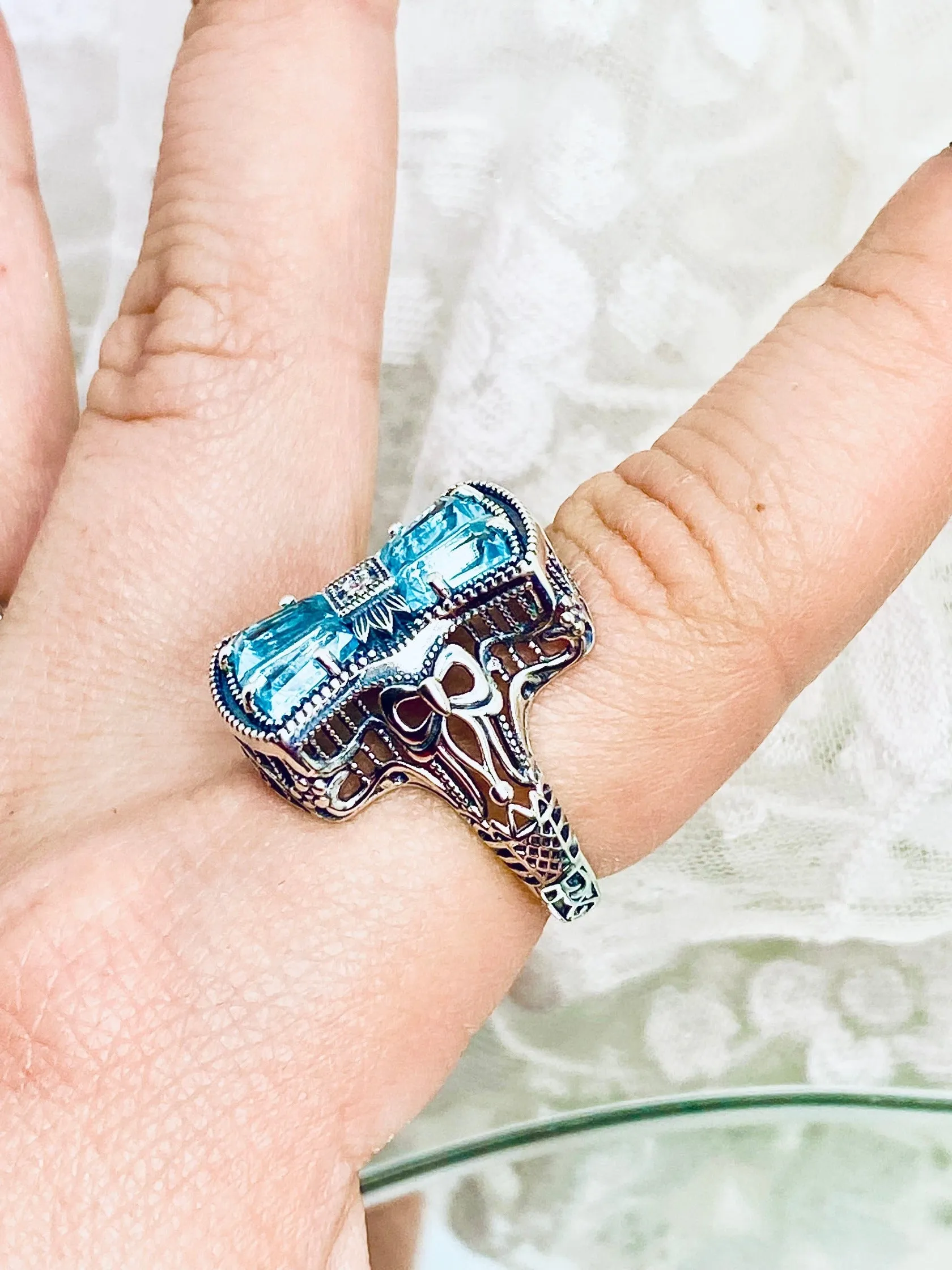 Aquamarine Ring, Size 7, Versailles Sterling Silver Bow & Baguette CZ Ring, Baroque Jewelry D595 - Ready to ship