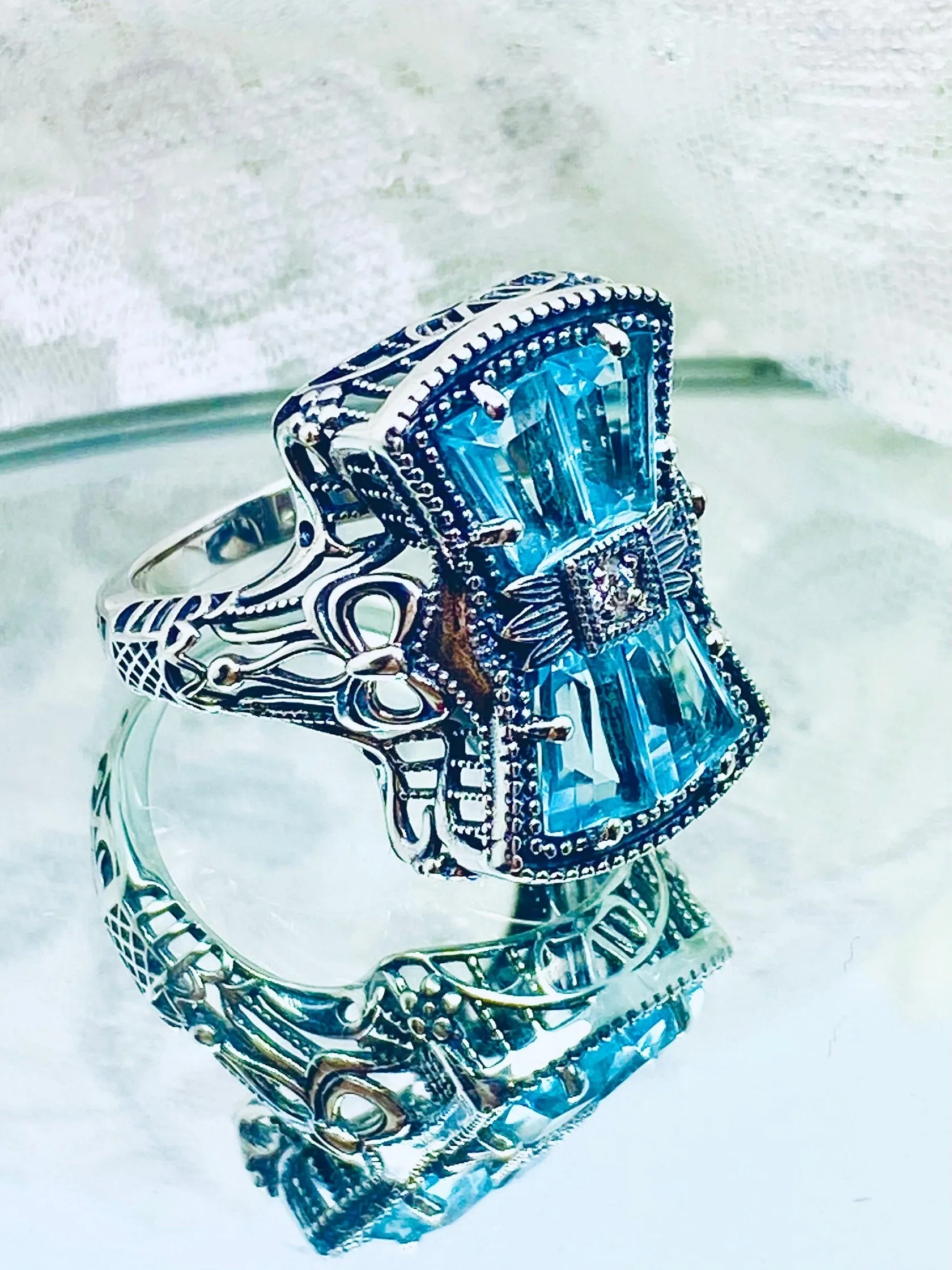 Aquamarine Ring, Size 7, Versailles Sterling Silver Bow & Baguette CZ Ring, Baroque Jewelry D595 - Ready to ship