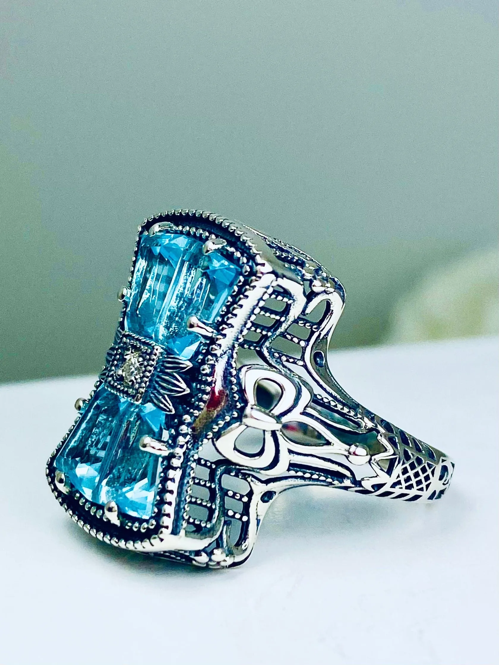 Aquamarine Ring, Size 7, Versailles Sterling Silver Bow & Baguette CZ Ring, Baroque Jewelry D595 - Ready to ship