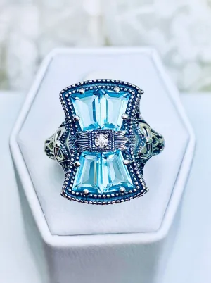 Aquamarine Ring, Size 7, Versailles Sterling Silver Bow & Baguette CZ Ring, Baroque Jewelry D595 - Ready to ship