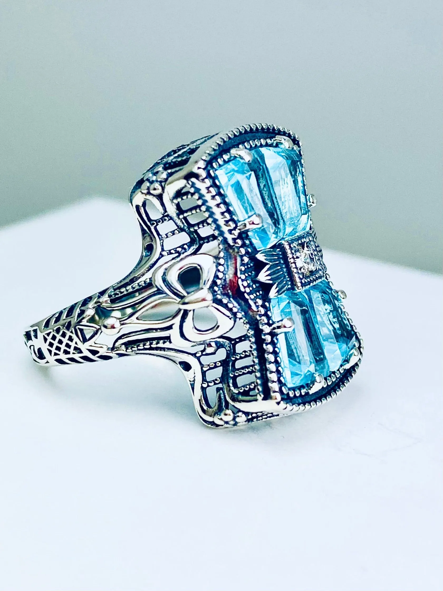 Aquamarine Ring, Size 7, Versailles Sterling Silver Bow & Baguette CZ Ring, Baroque Jewelry D595 - Ready to ship