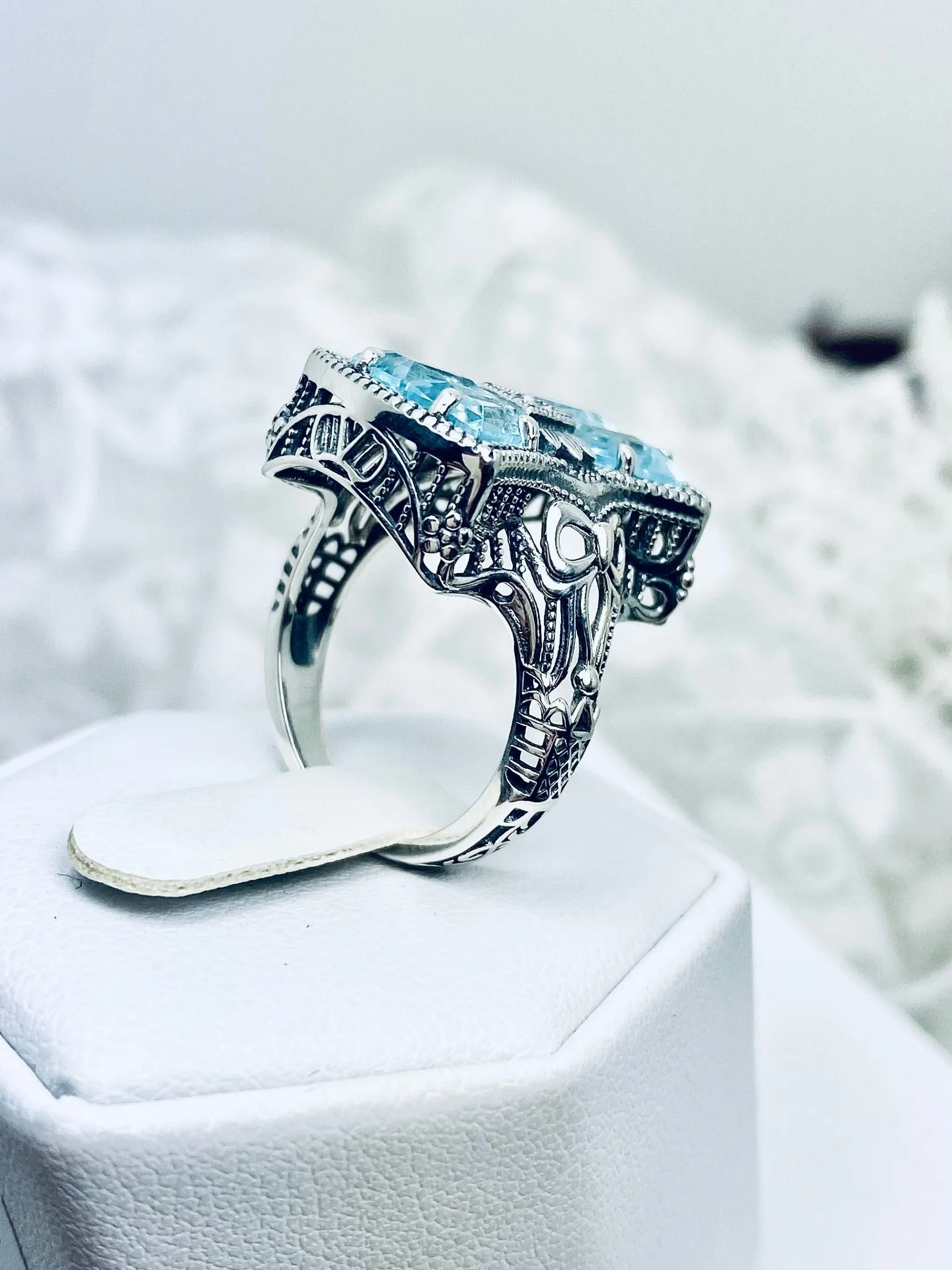 Aquamarine Ring, Size 7, Versailles Sterling Silver Bow & Baguette CZ Ring, Baroque Jewelry D595 - Ready to ship