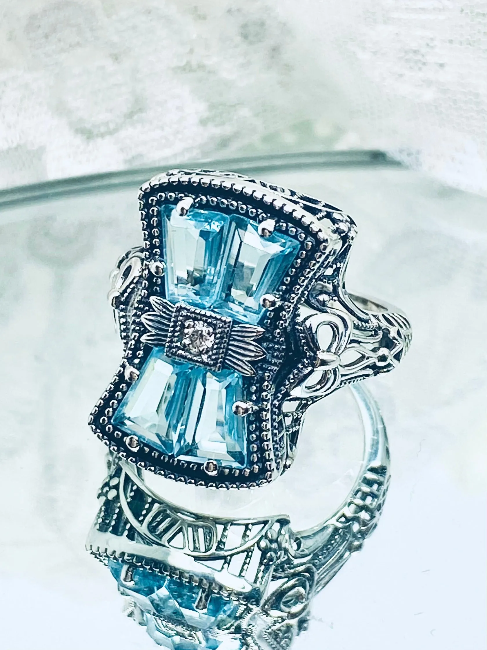 Aquamarine Ring, Size 7, Versailles Sterling Silver Bow & Baguette CZ Ring, Baroque Jewelry D595 - Ready to ship