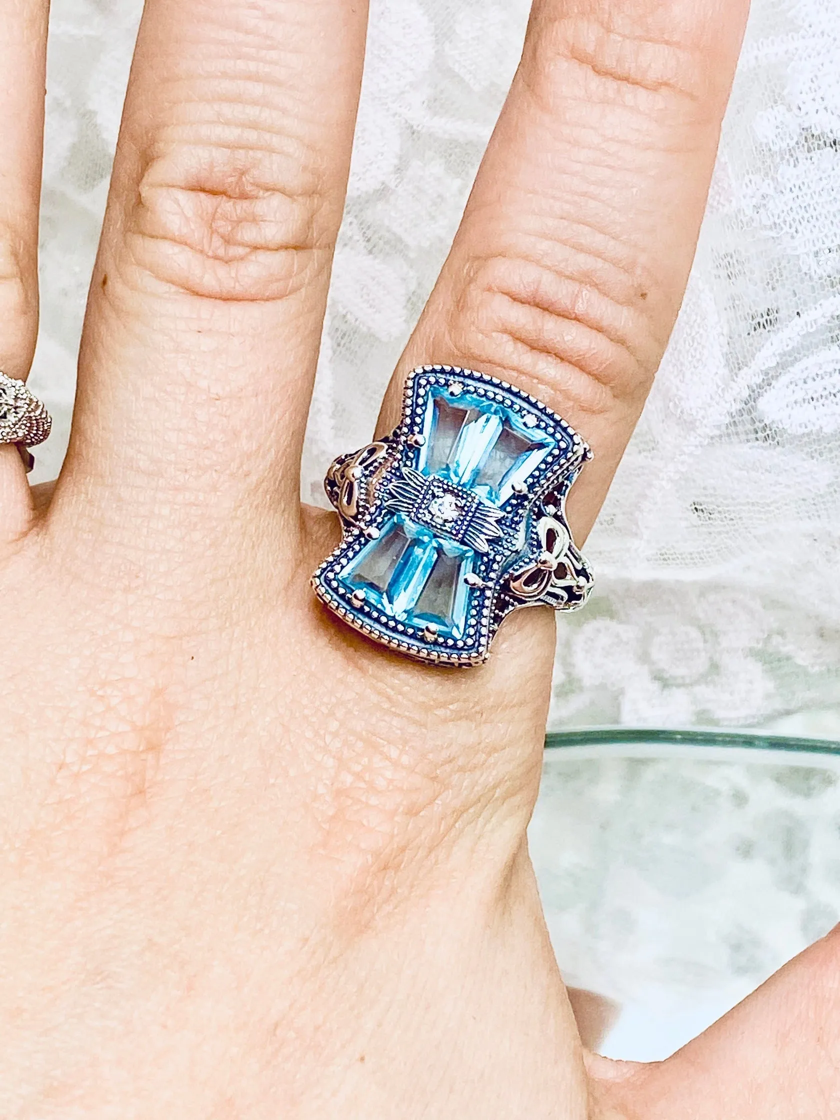 Aquamarine Ring, Size 7, Versailles Sterling Silver Bow & Baguette CZ Ring, Baroque Jewelry D595 - Ready to ship