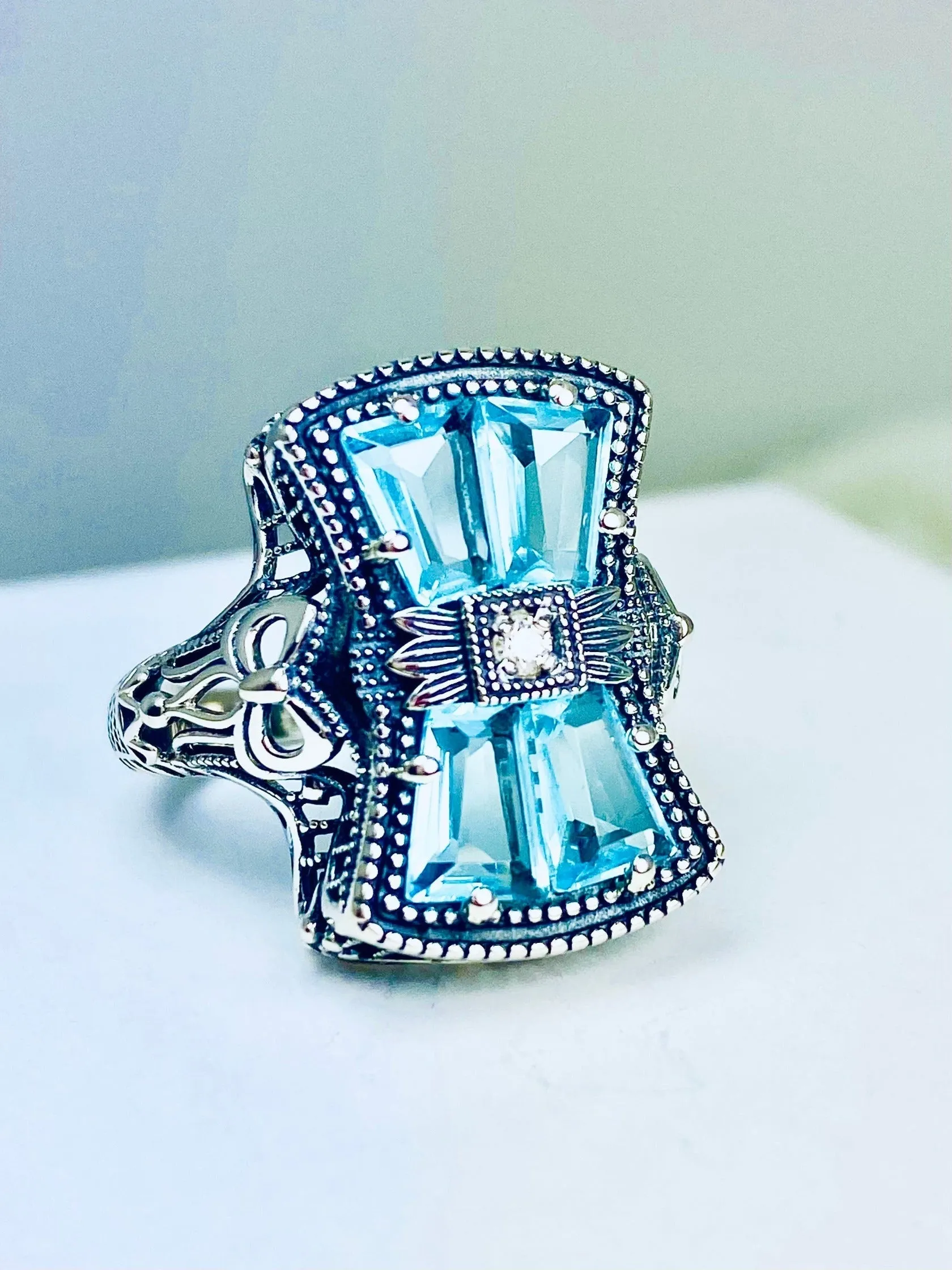 Aquamarine Ring, Size 8, Versailles Sterling Silver Bow & Baguette CZ Ring, Baroque Jewelry D595 - Ready to ship